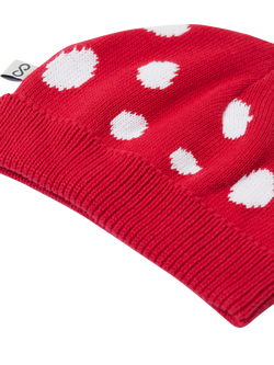 Frugi Kids' Noa Knitted Cotton Beanie Hat, Red/Mushroom - view 2, Red/Mushroom