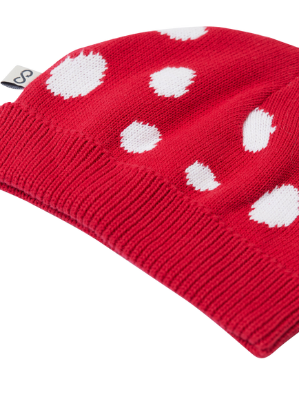 Frugi Kids' Noa Knitted Cotton Beanie Hat, Red/Mushroom - view 2, Red/Mushroom