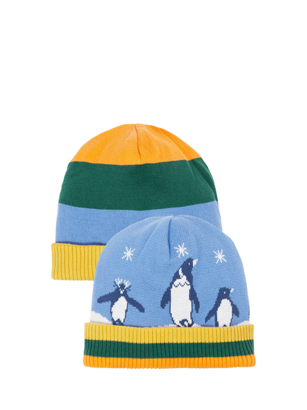 Frugi Kids' Cotton Voyager Reversible Hat, Penguin/Stripe, Penguin/Stripe