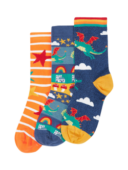 Frugi Kids' Rock My Socks, Pack of 3, Dragon Skies Multi