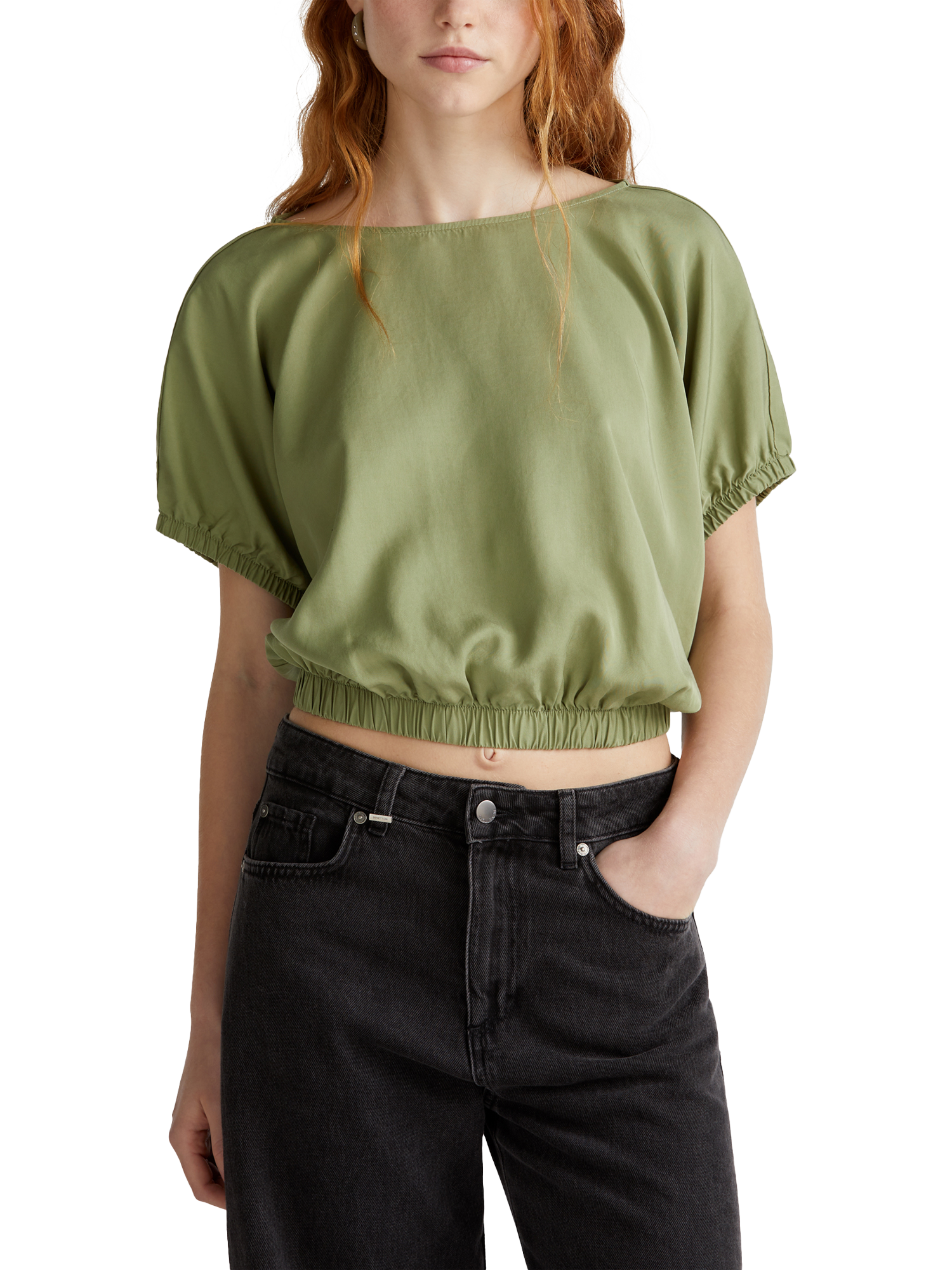 Product image 1 of 4, which shows Benetton Cropped Short Sleeve Top, Olive Green, S