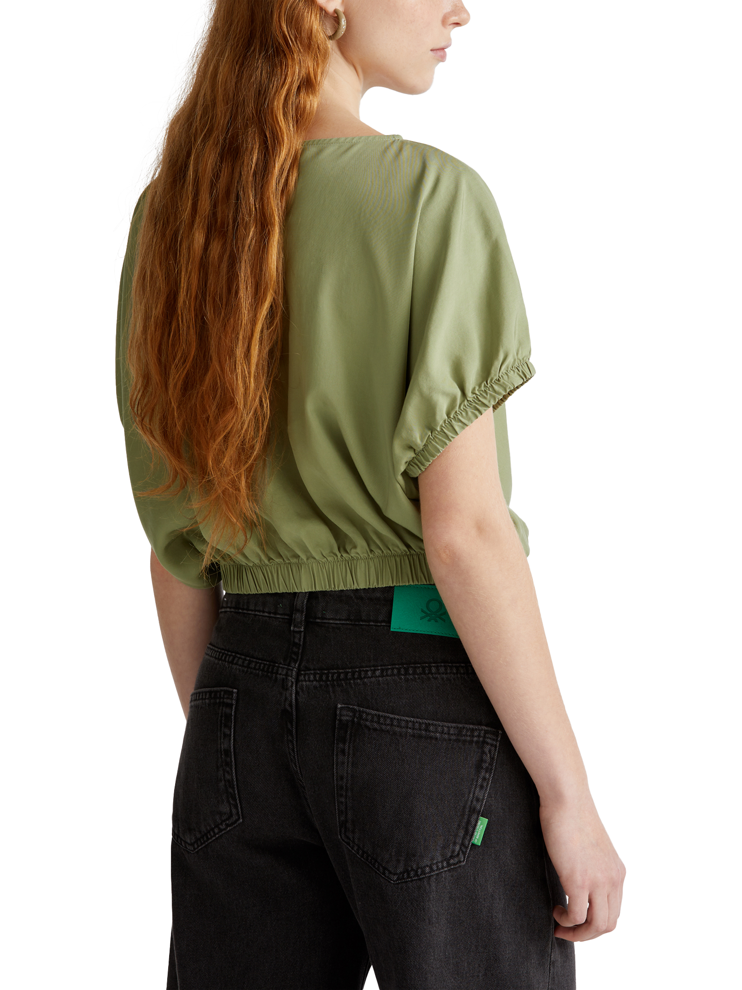 Product image 2 of 4, which shows Benetton Cropped Short Sleeve Top, Olive Green, S