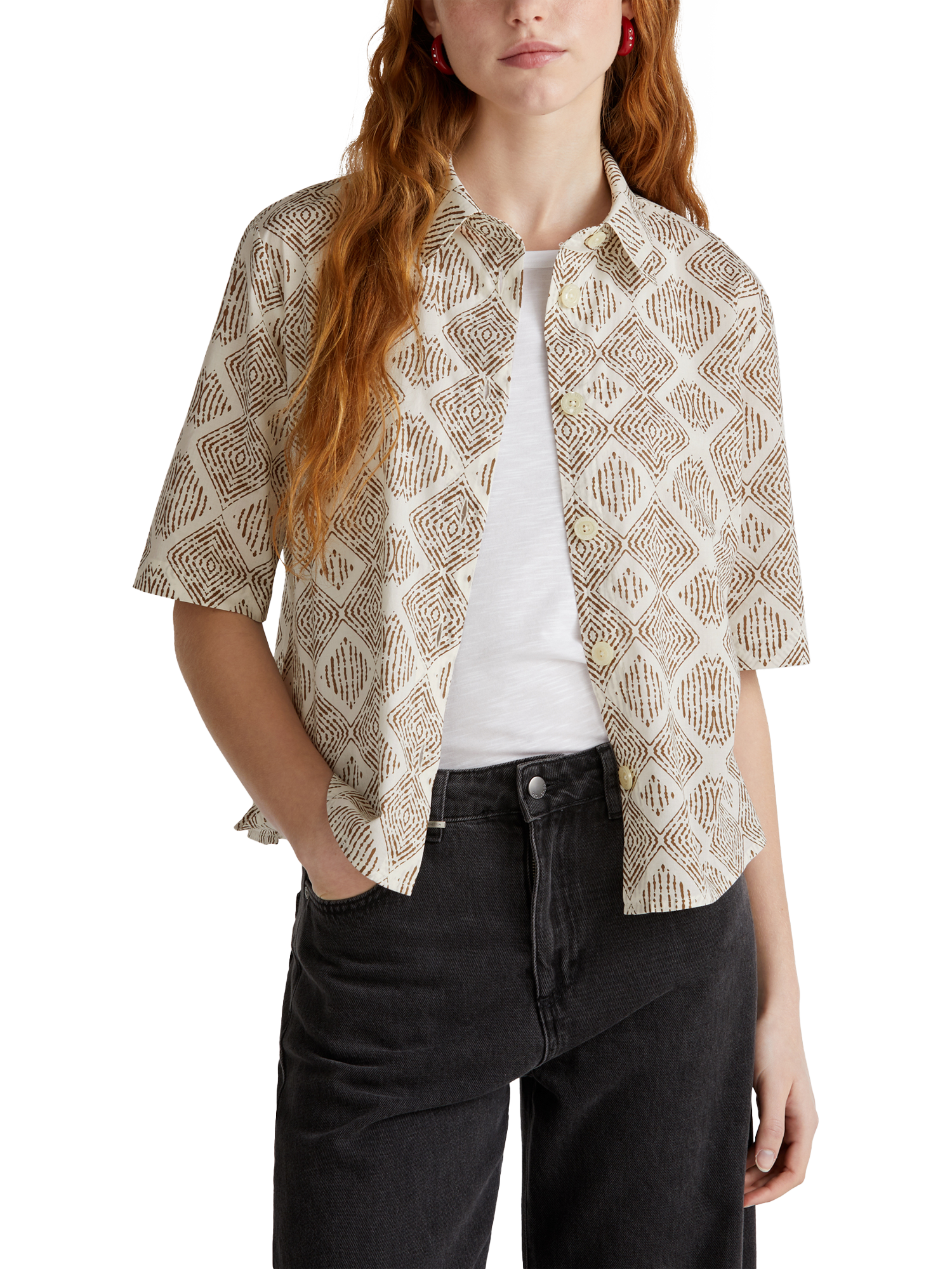 Product image 1 of 4, which shows Benetton Geometric Cotton Muslin Shirt, Cream, L