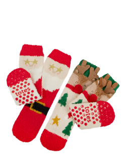 totes Kids' Toasties Slipper Socks, Pack of 2, Reindeer / Santa, Reindeer / Santa