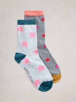 White Stuff Star Motif Cotton Blend Ankle Socks, Pack of 2, Grey/Multi