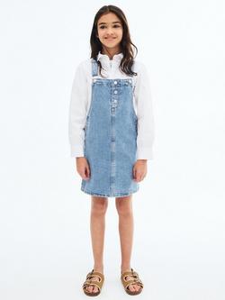 Mango Kids' Mia Cotton Short Denim Pinafore Dress, Open Blue
