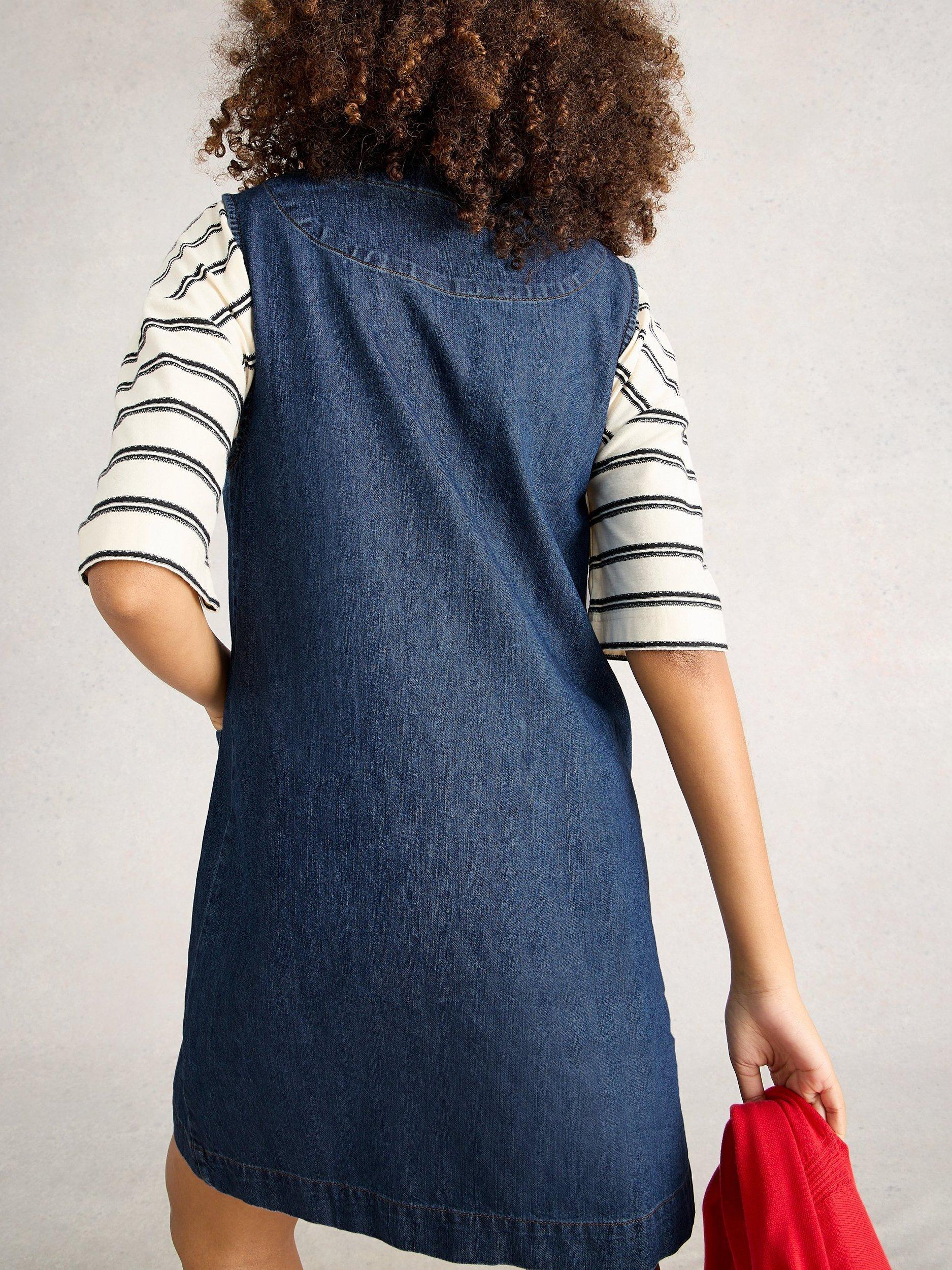 Product image 2 of 6, which shows White Stuff Rose Denim Pinafore Mini Dress, Blue, 16