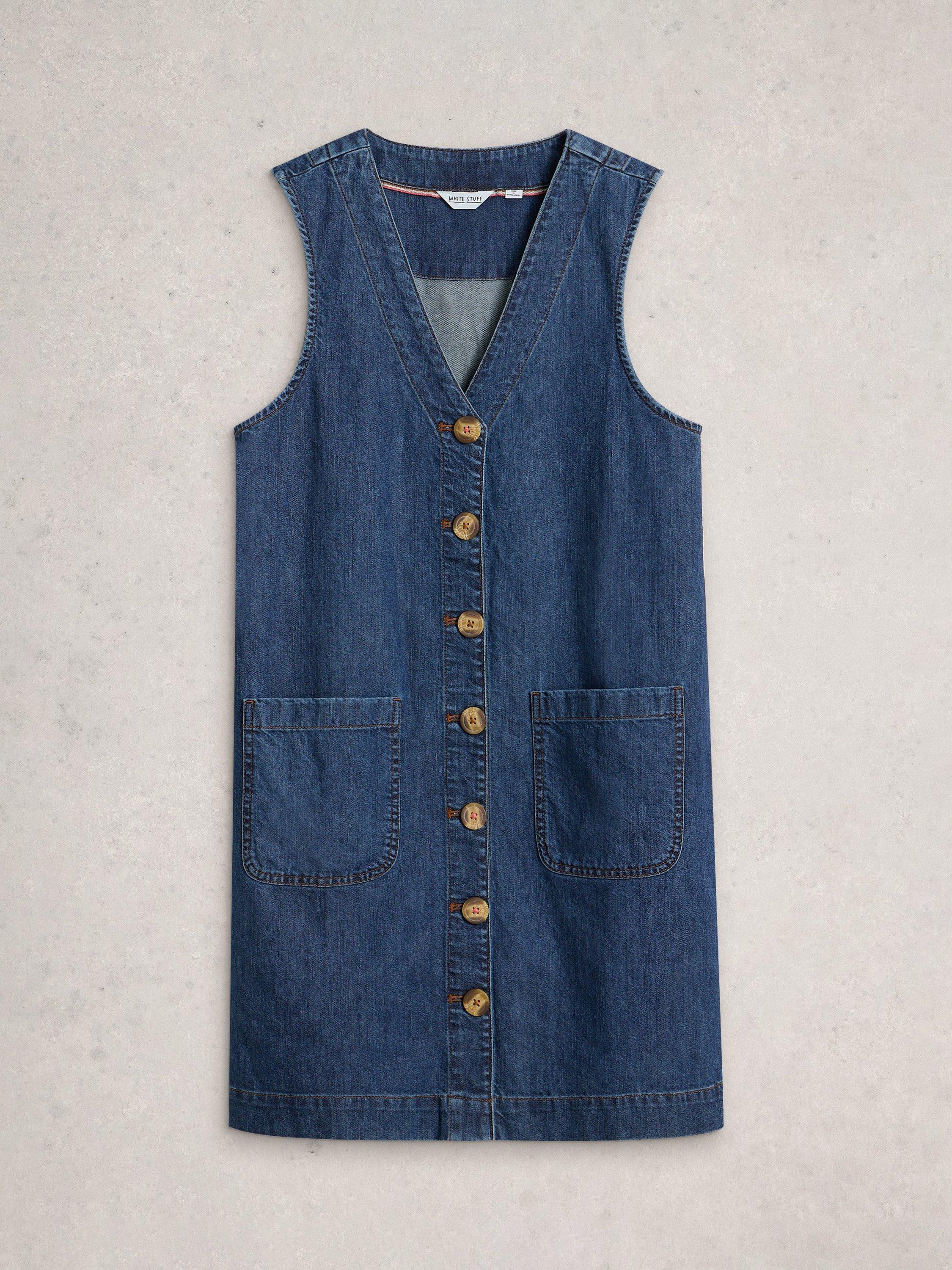 Product image 5 of 6, which shows White Stuff Rose Denim Pinafore Mini Dress, Blue, 16