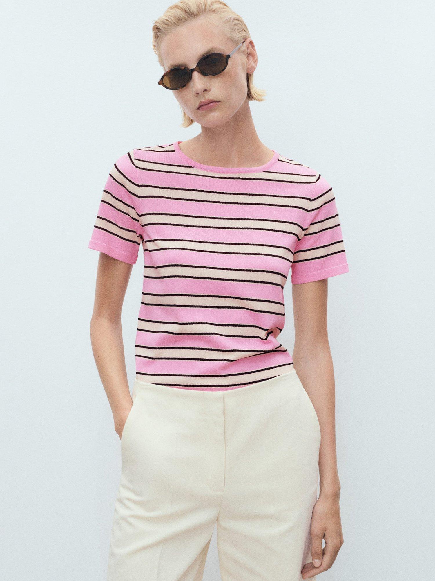 Product image 1 of 8, which shows Mango Bobolo Fine Knit Combined Stripe Sweater, Lt-pastel Pink, L
