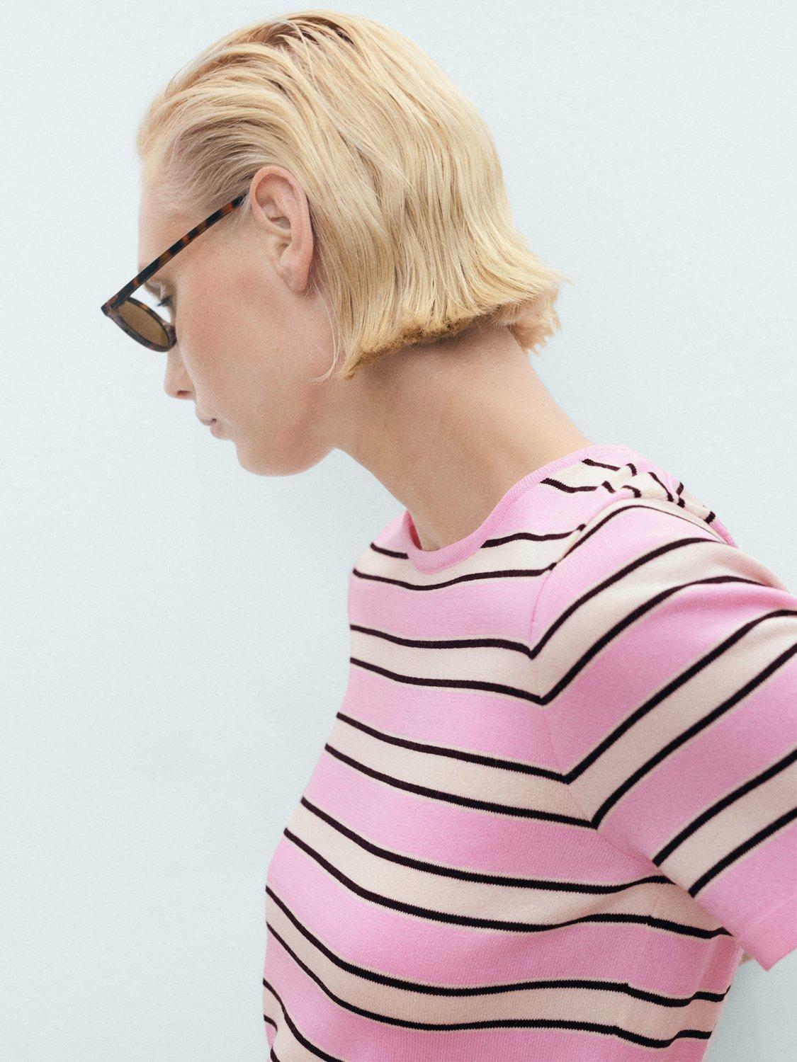 Product image 6 of 8, which shows Mango Bobolo Fine Knit Combined Stripe Sweater, Lt-pastel Pink, L