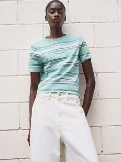 Mango Yute Stripe Fine Knit Short Sleeve Jumper, Green, Green