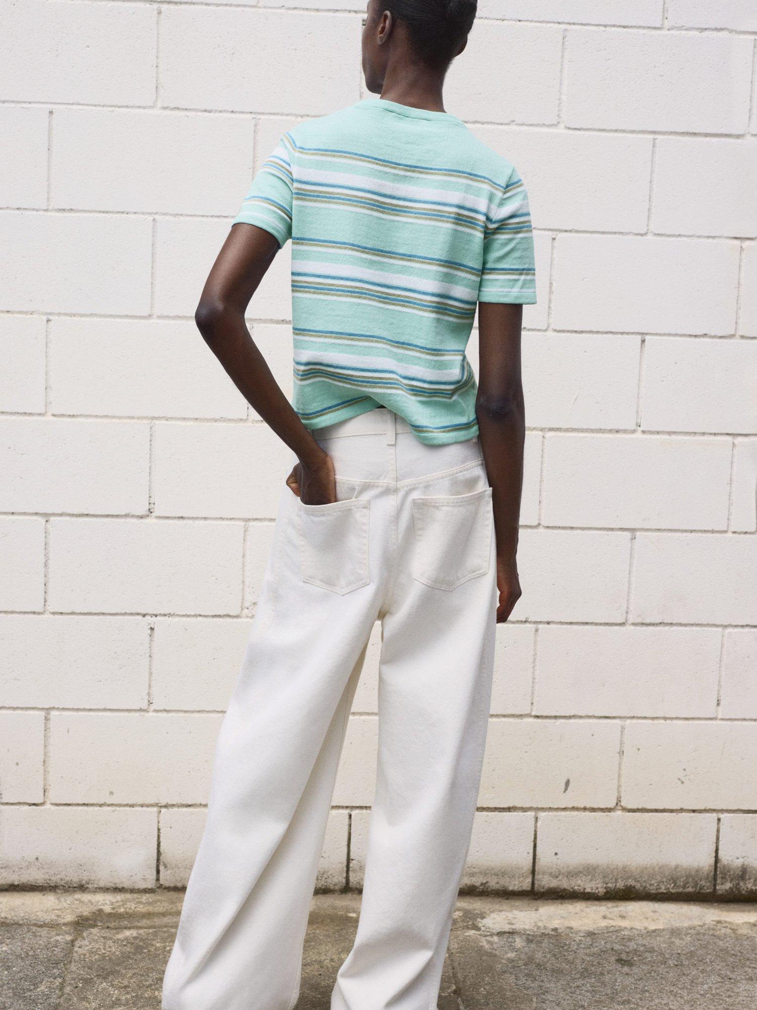 Product image 4 of 7, which shows Mango Yute Stripe Fine Knit Short Sleeve Jumper, Green, L