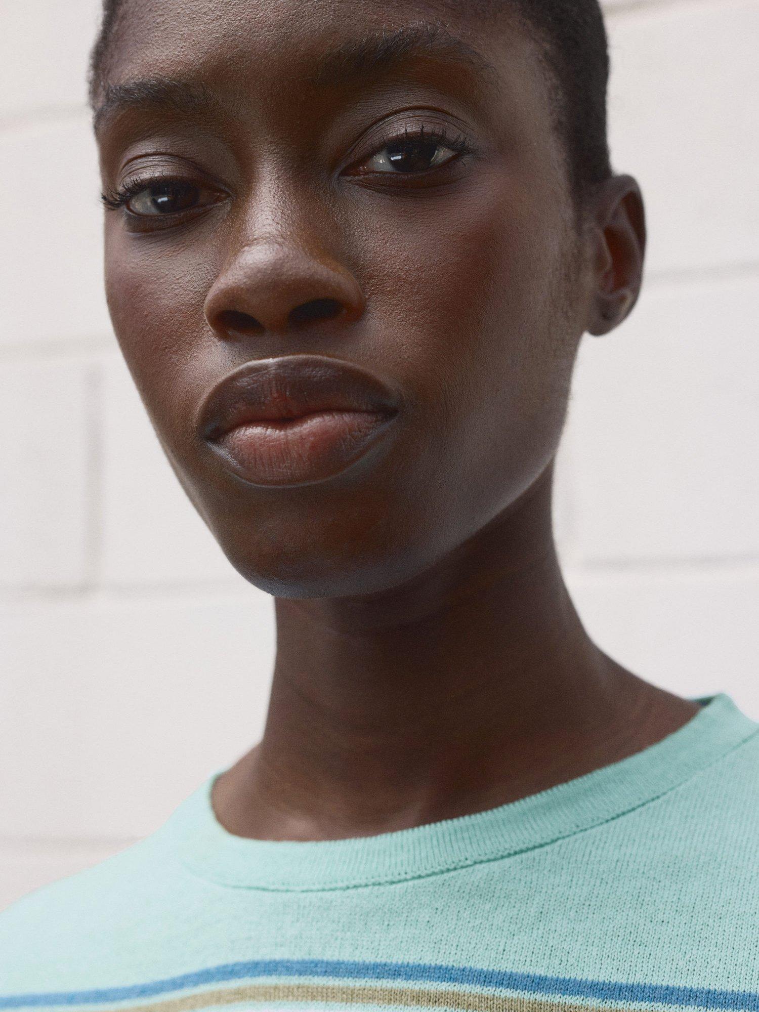 Product image 6 of 7, which shows Mango Yute Stripe Fine Knit Short Sleeve Jumper, Green, L