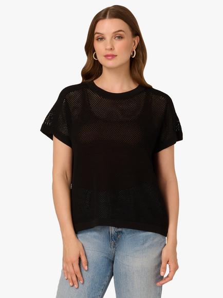 Adrianna Papell Mesh Stitch Short Sleeve Jumper, Black