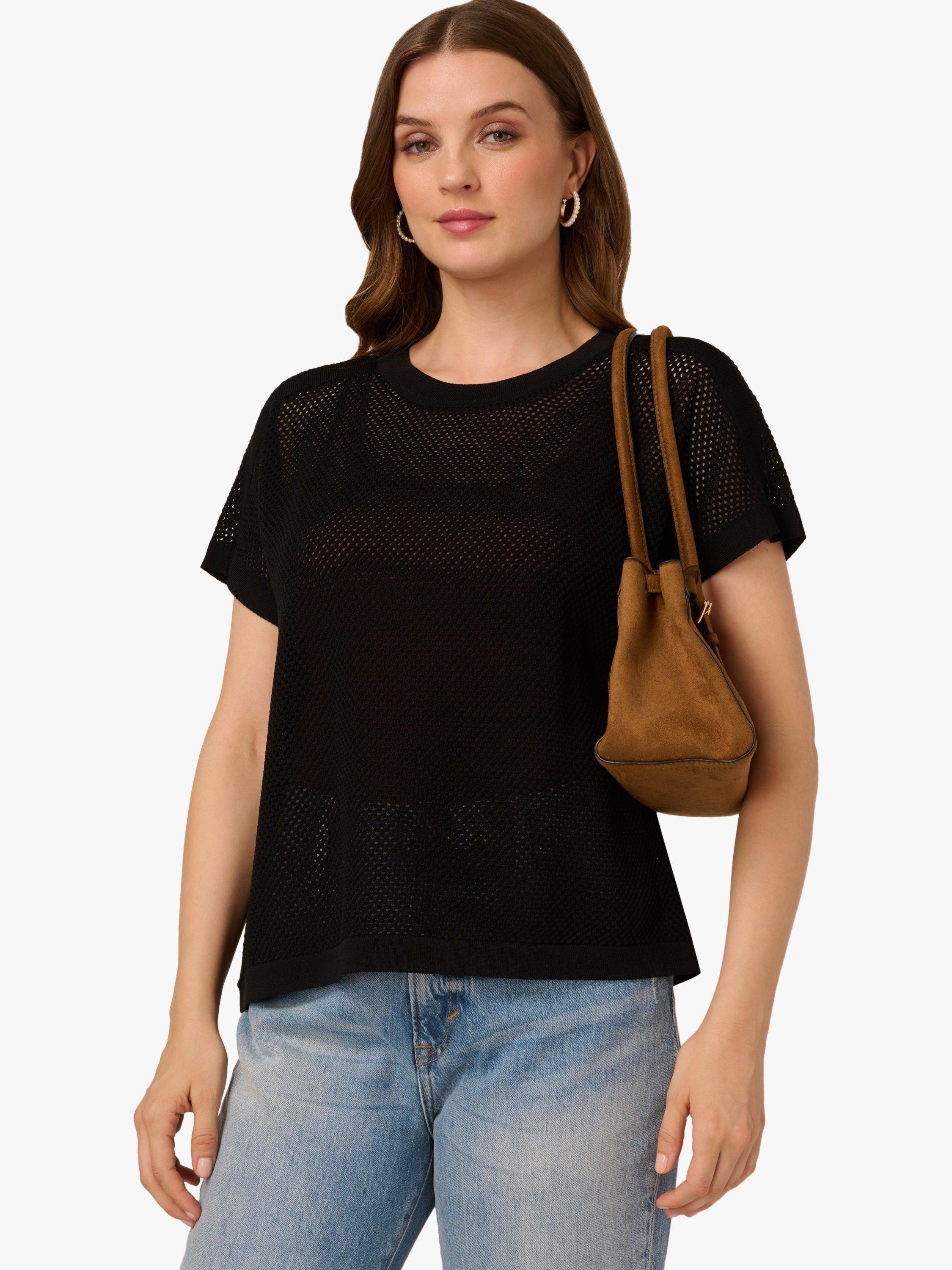 Product image 3 of 7, which shows Adrianna Papell Mesh Stitch Short Sleeve Jumper, Black, L