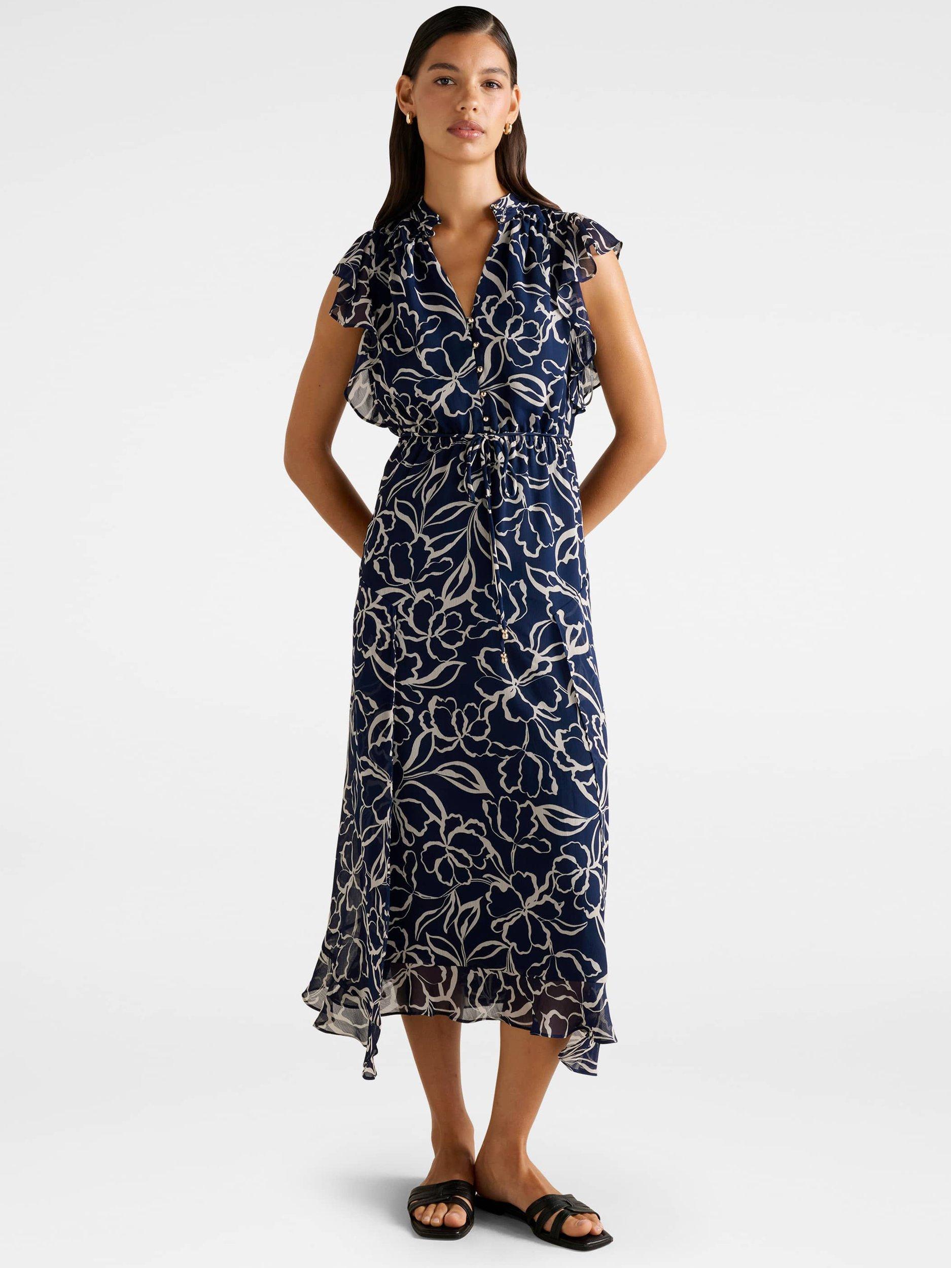 Product image 1 of 4, which shows Forever New Maxwell Floral Flutter Sleeve Midi Dress, Navy, 4