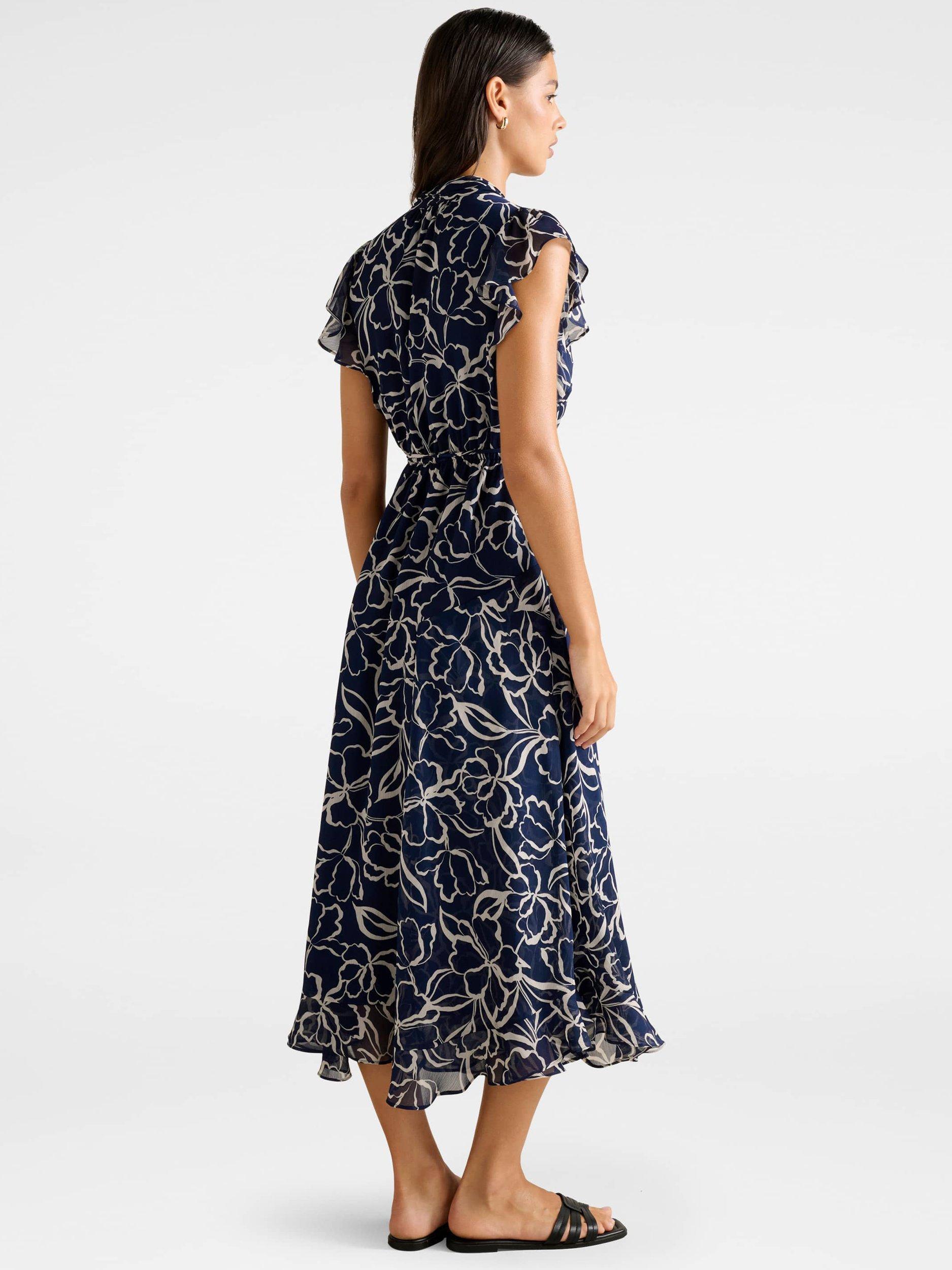 Product image 2 of 4, which shows Forever New Maxwell Floral Flutter Sleeve Midi Dress, Navy, 4