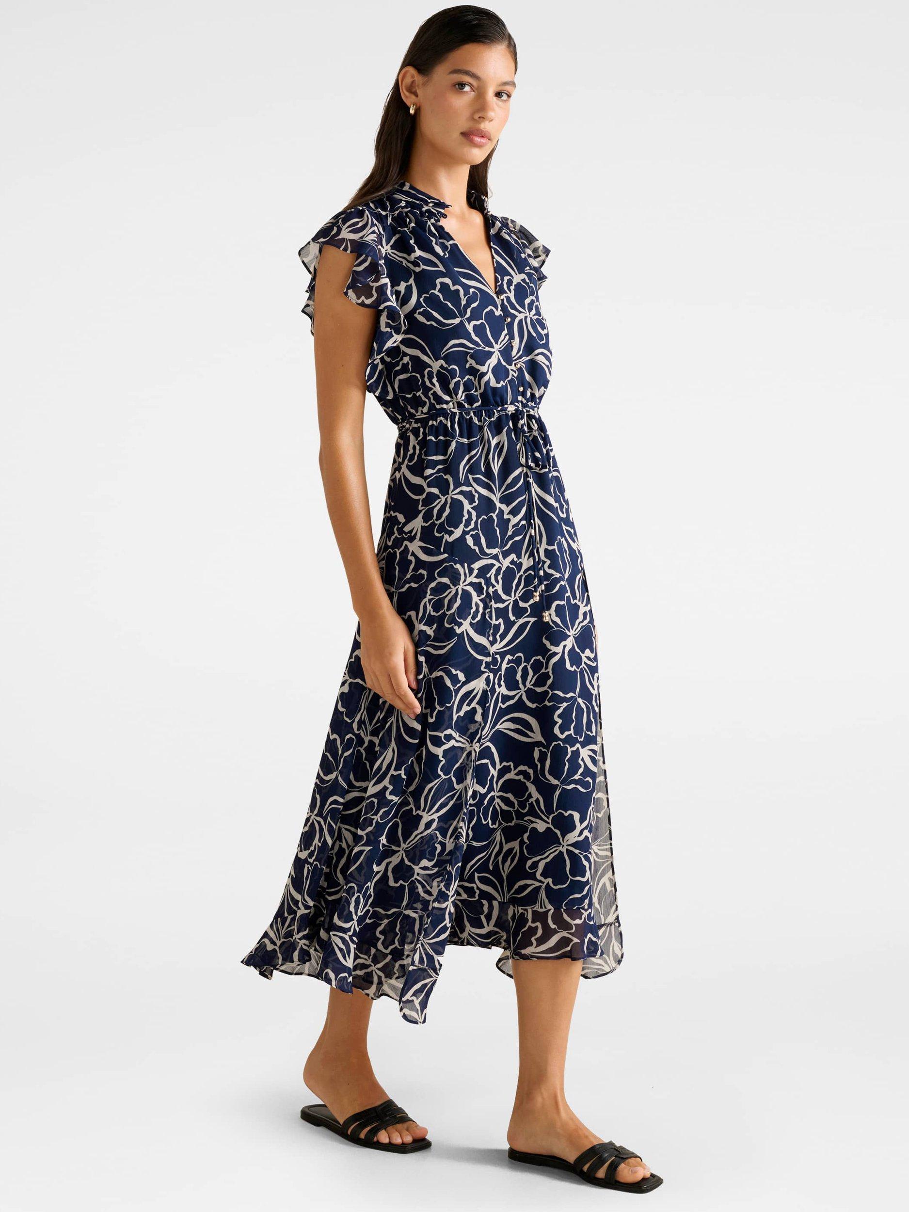 Product image 3 of 4, which shows Forever New Maxwell Floral Flutter Sleeve Midi Dress, Navy, 4