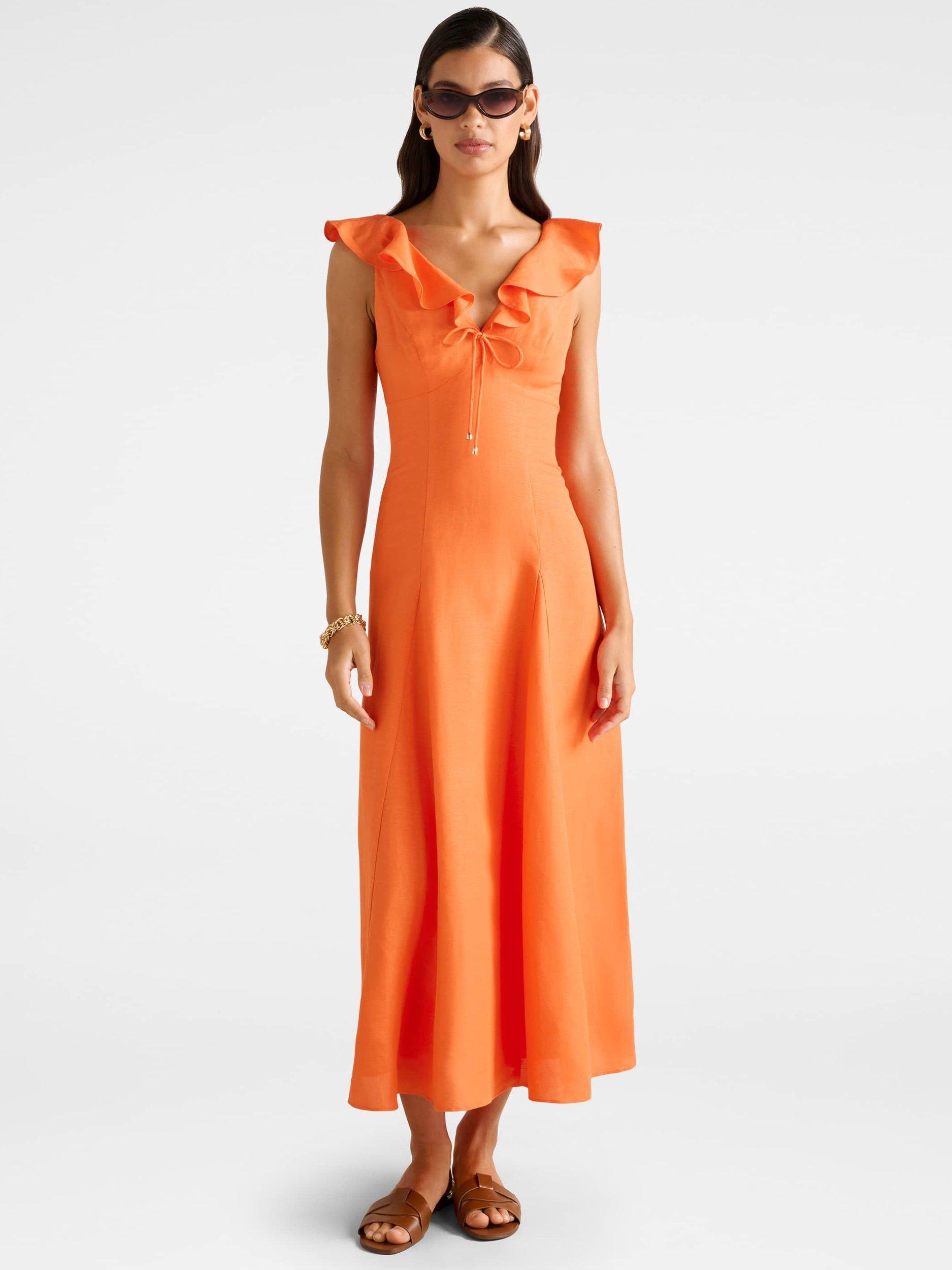 Product image 1 of 4, which shows Forever New Lenny Godet Linen Blend Midi Dress, Orange Fire, 4