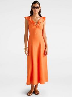 Forever New Lenny Godet Linen Blend Midi Dress, Orange Fire, Orange Fire