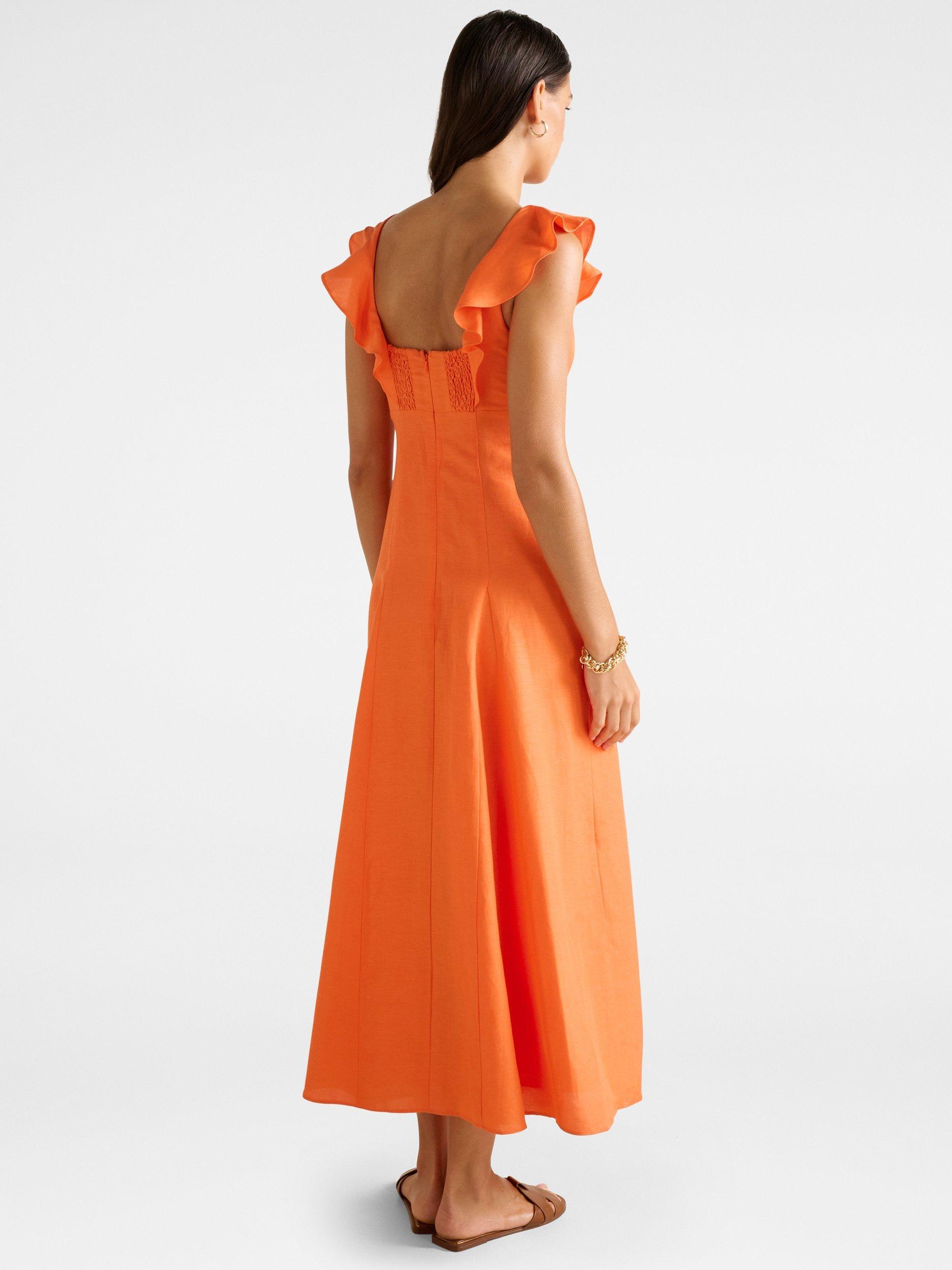 Product image 2 of 4, which shows Forever New Lenny Godet Linen Blend Midi Dress, Orange Fire, 4