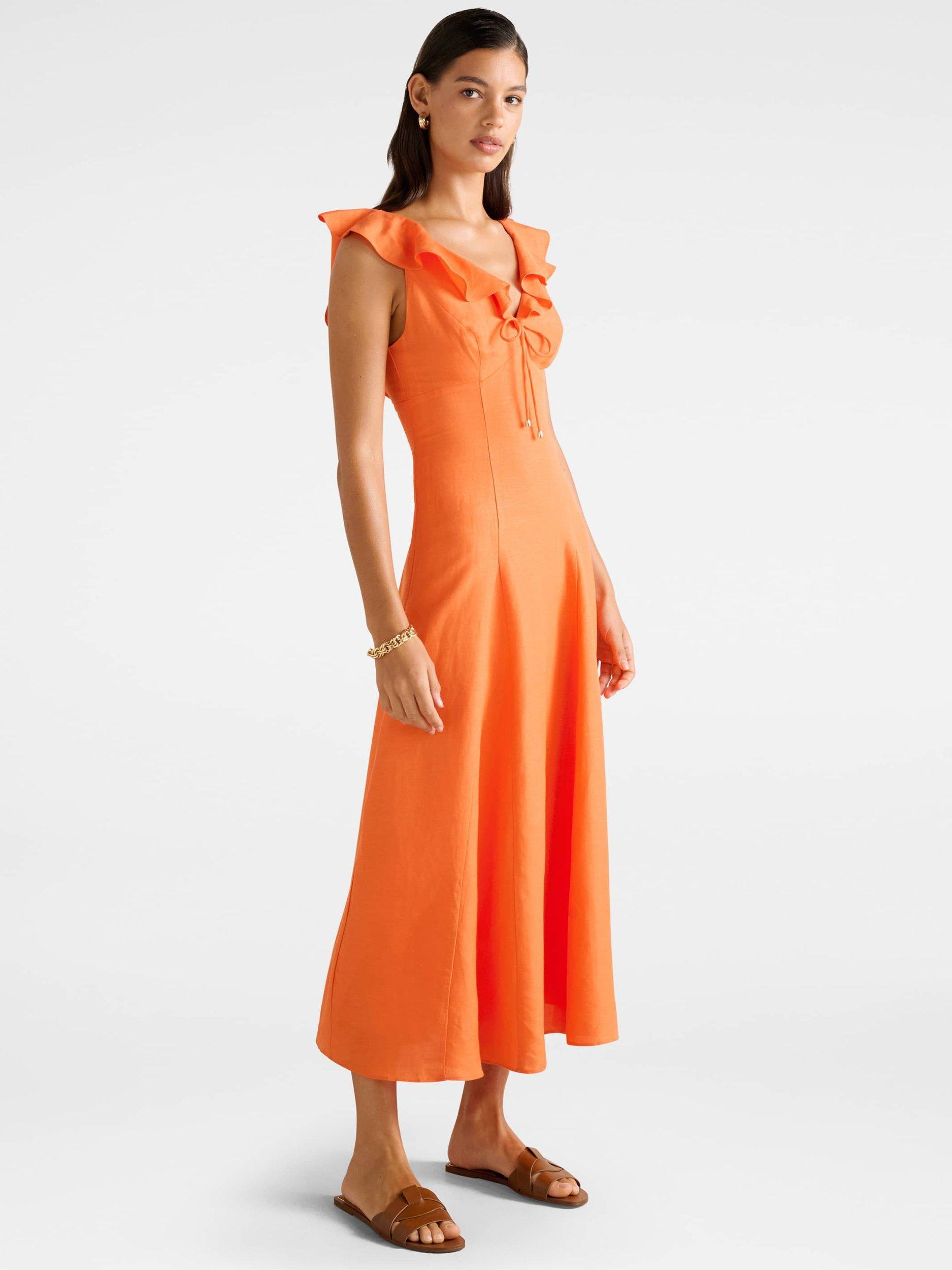 Product image 3 of 4, which shows Forever New Lenny Godet Linen Blend Midi Dress, Orange Fire, 4