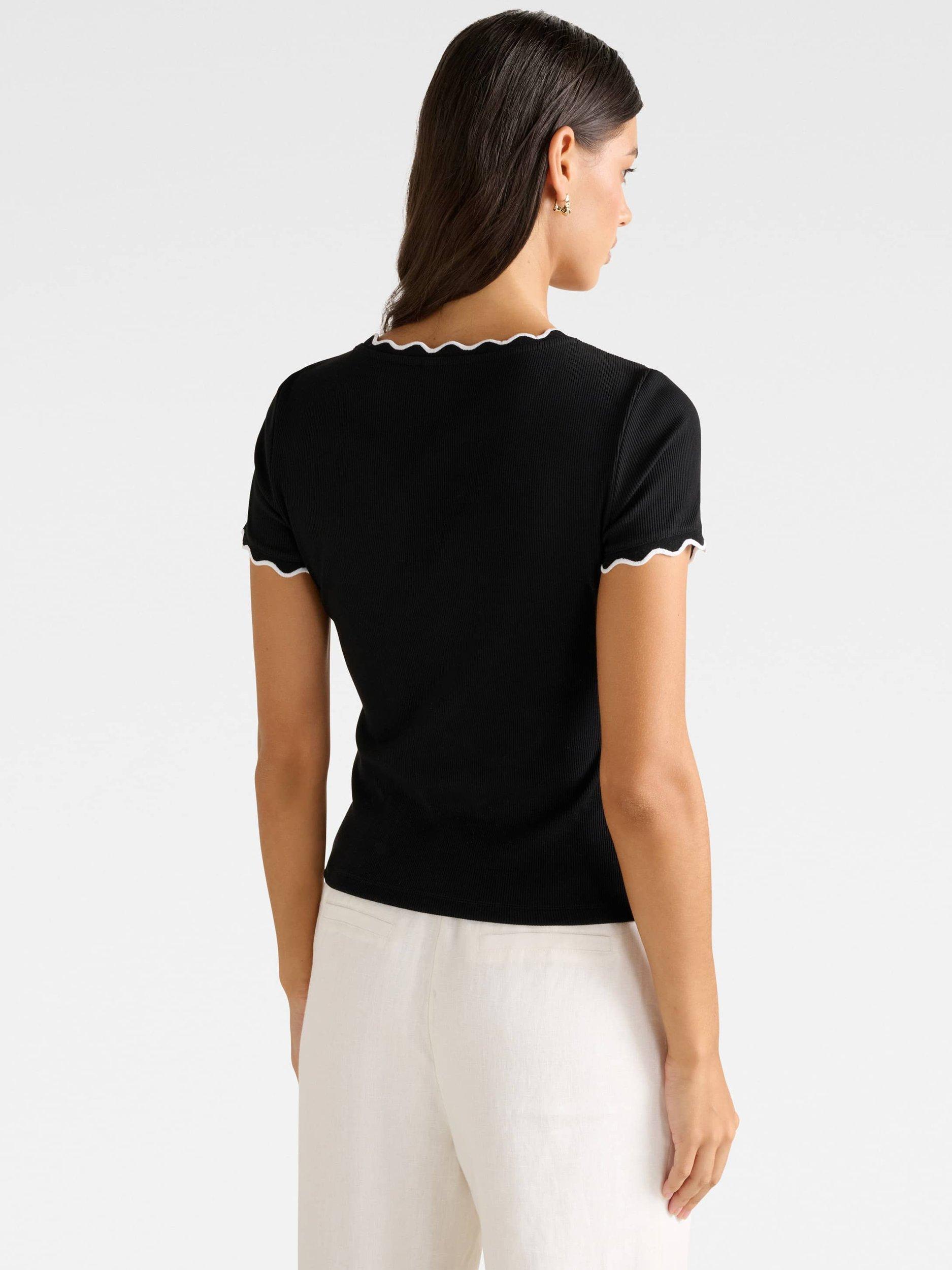Product image 2 of 5, which shows Forever New Rebecca Scallop Trim T-Shirt, Black/Porcelain, L