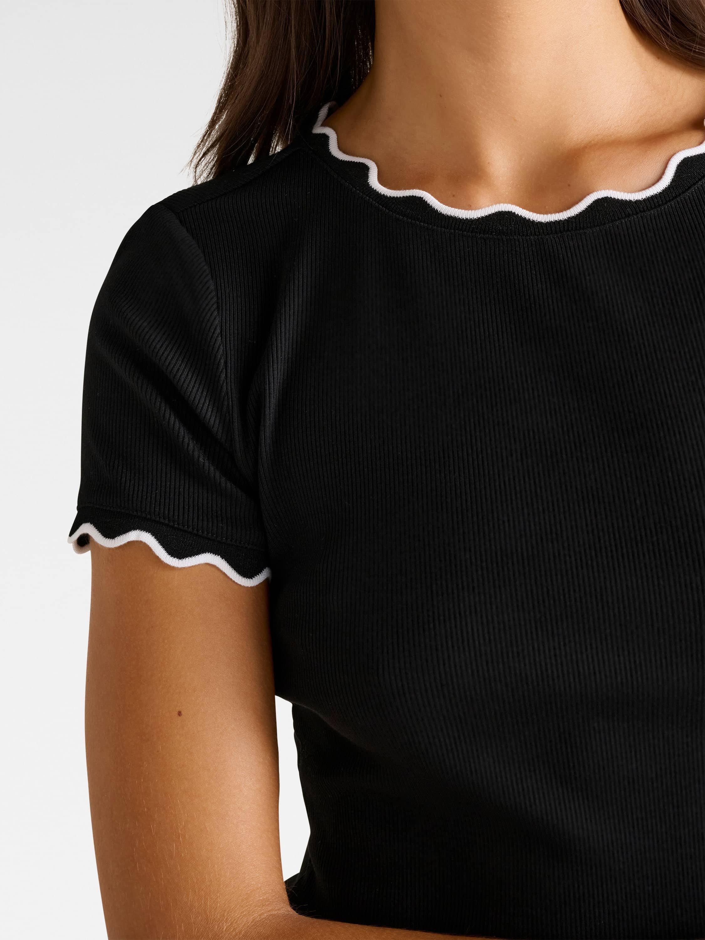 Product image 4 of 5, which shows Forever New Rebecca Scallop Trim T-Shirt, Black/Porcelain, L