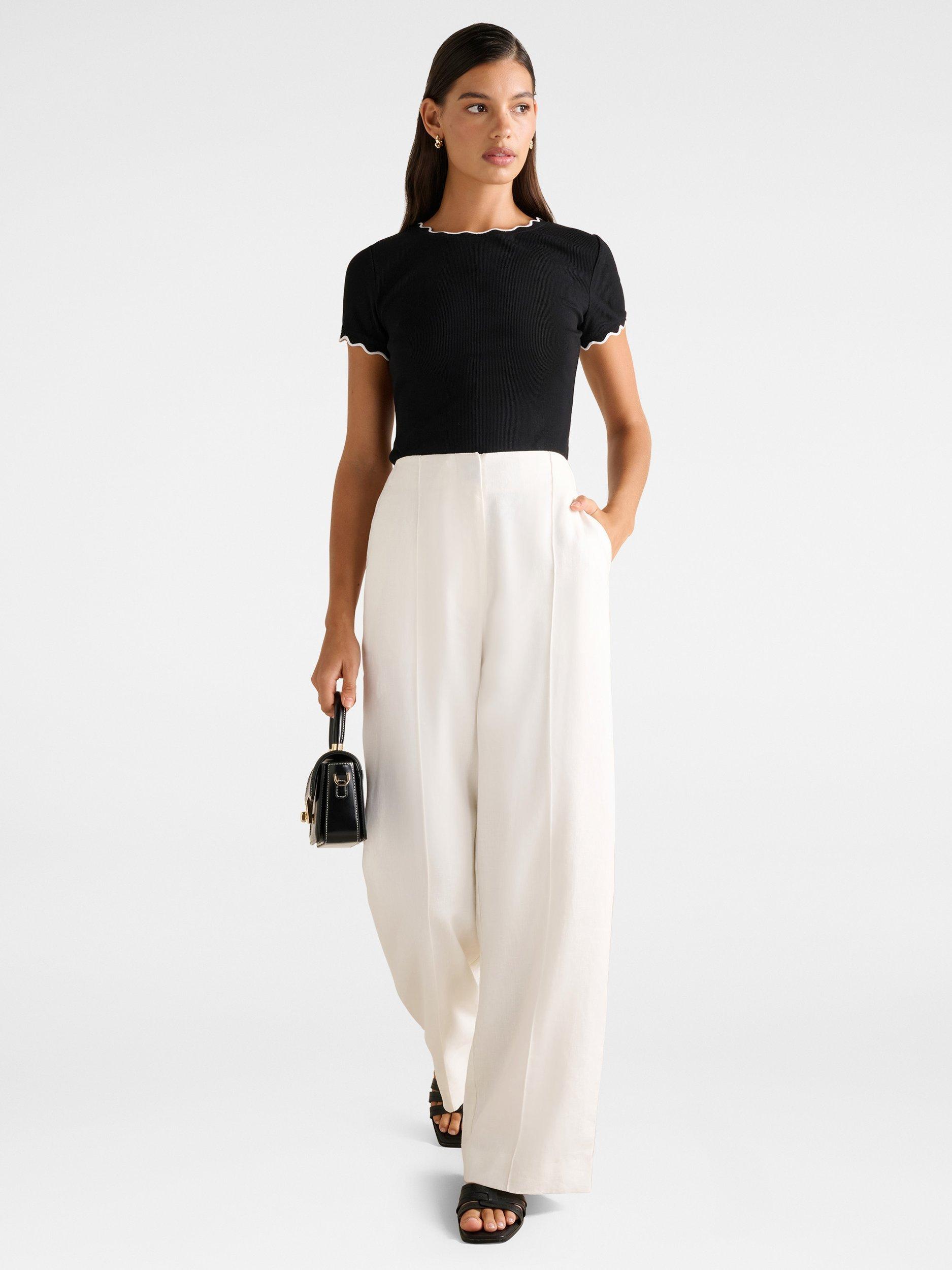 Product image 5 of 5, which shows Forever New Rebecca Scallop Trim T-Shirt, Black/Porcelain, L