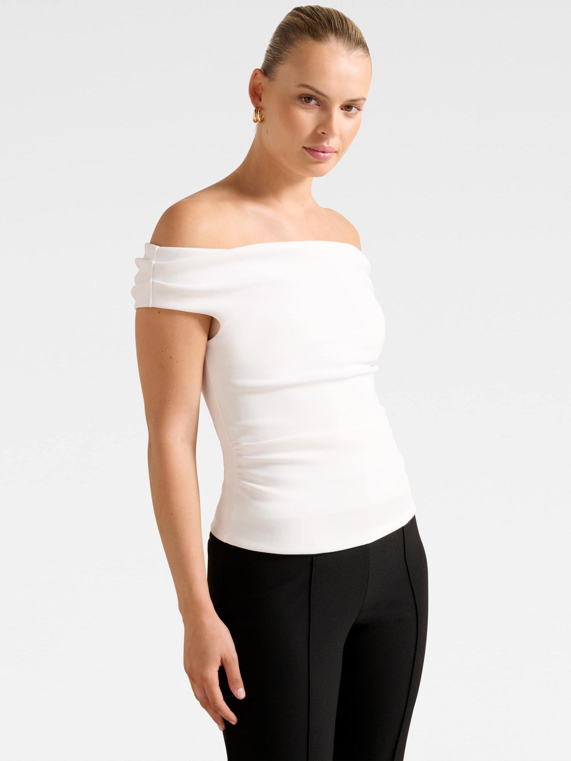 Product image 3 of 5, which shows Forever New Somer Crepe Bardot Top, Porcelain, L