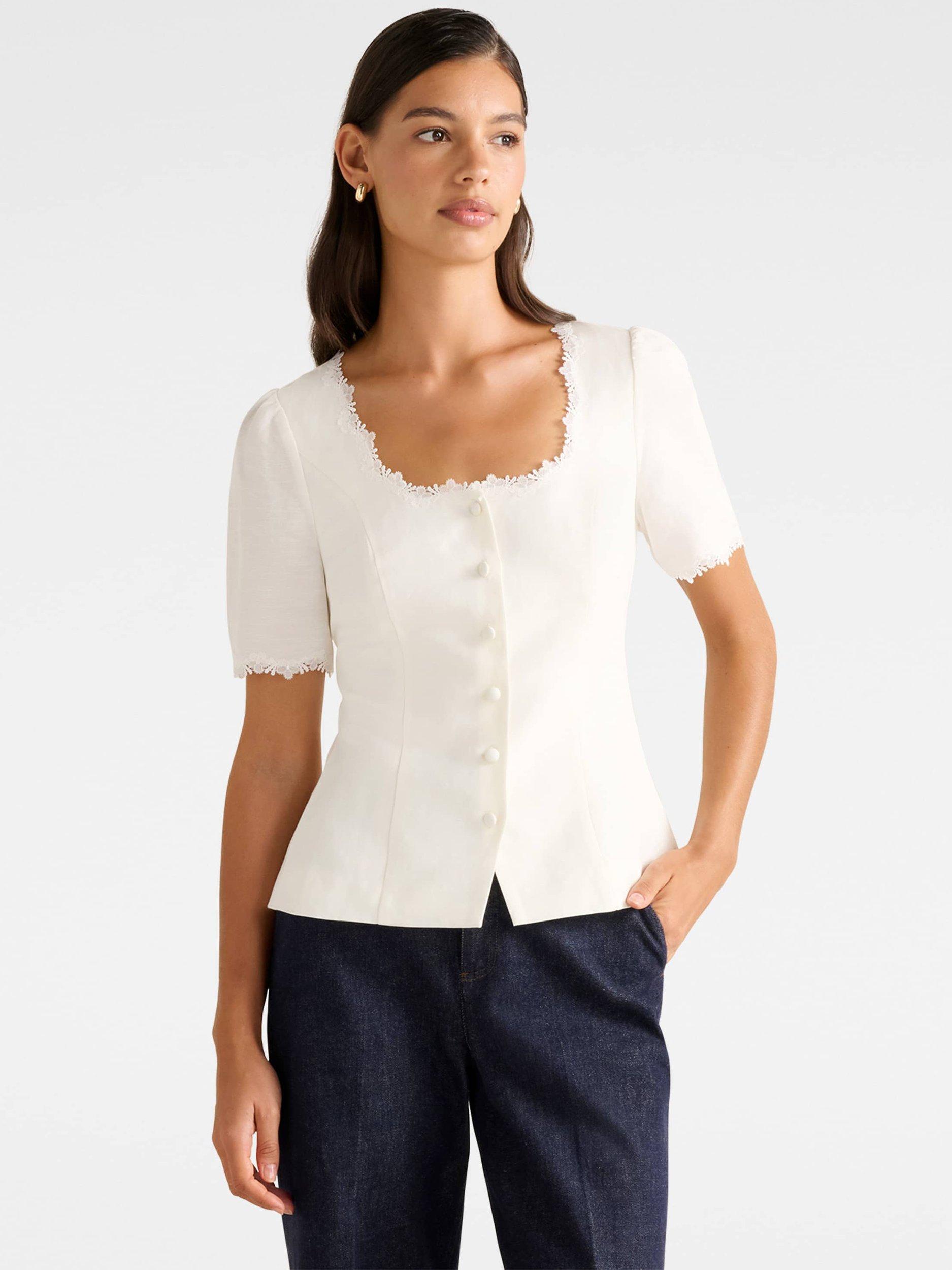 Product image 1 of 5, which shows Forever New Thea Lace Trim Tailored Top, Porcelain, 4