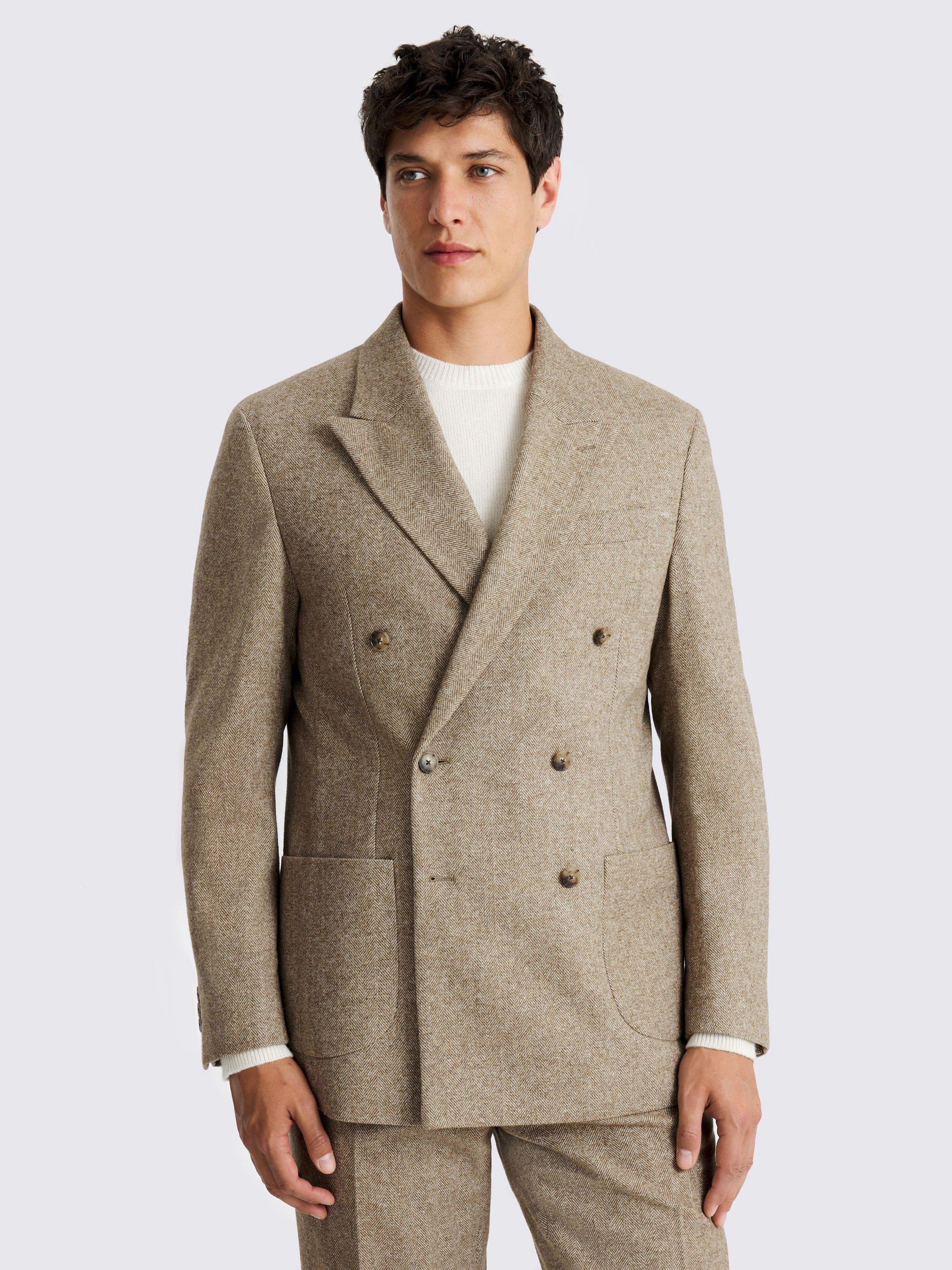 Product image 1 of 5, which shows Moss Relaxed Fit Tweed Herringbone Suit Jacket, Gold, 36S