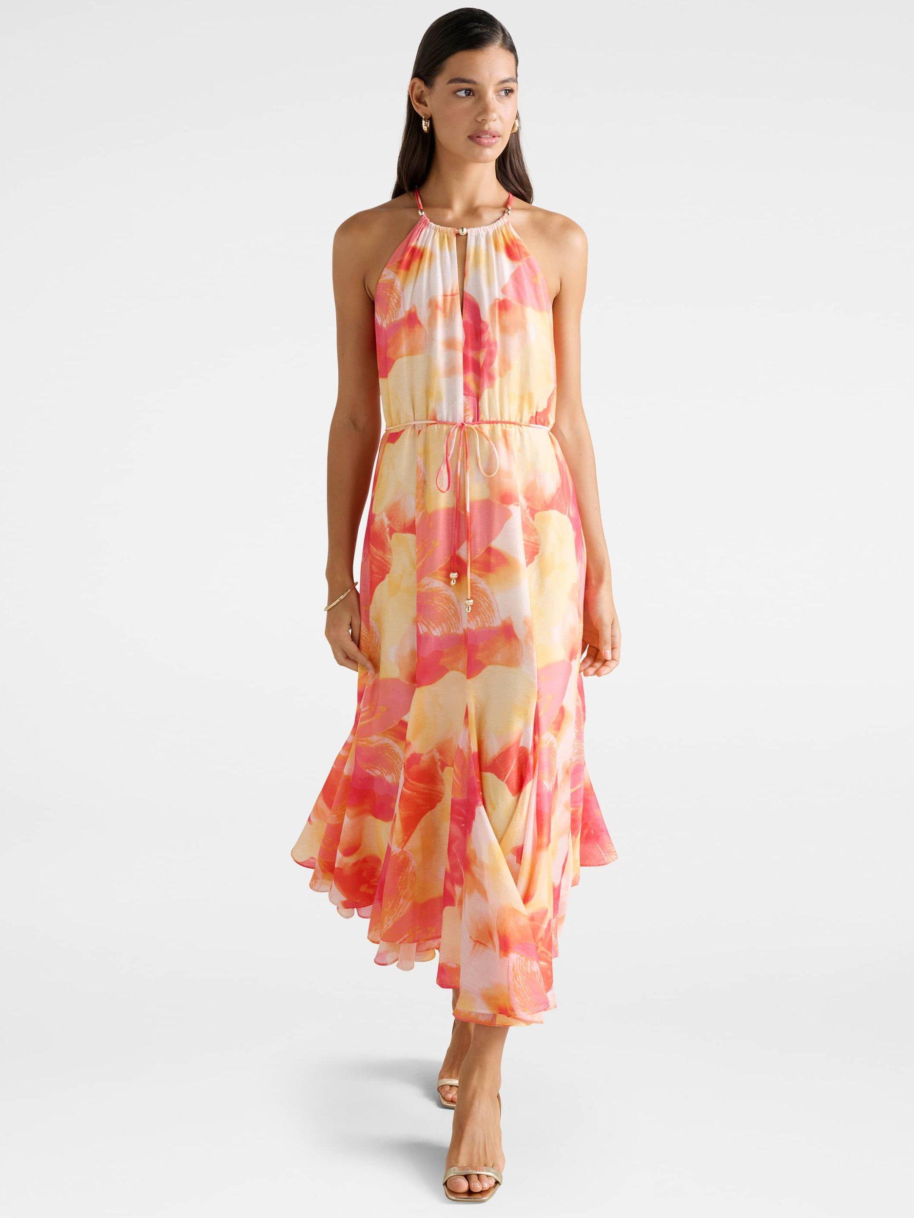 Product image 1 of 4, which shows Forever New Casey Abstract Halterneck Godet Midi Dress, Multi, 4