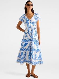 Forever New Iris Tiered Ruffle Midi Dress, Blue/Multi, Blue/Multi