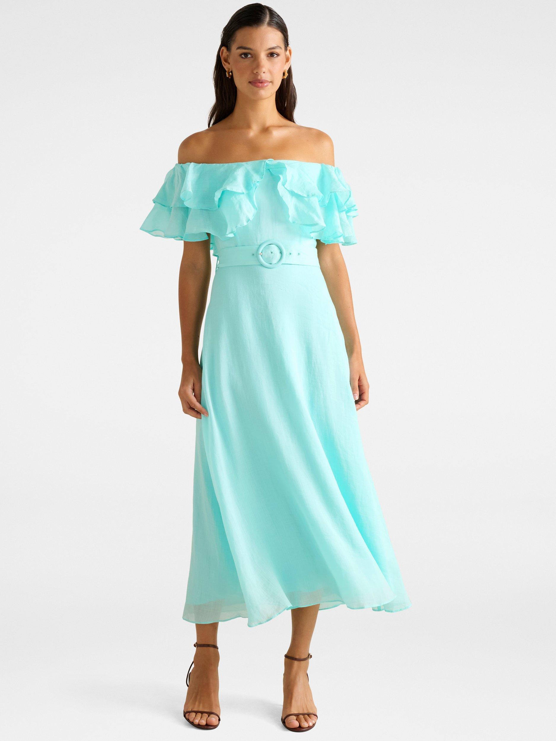 Product image 1 of 4, which shows Forever New Jemima Ruffle Midi Dress, Aqua Splash, 4