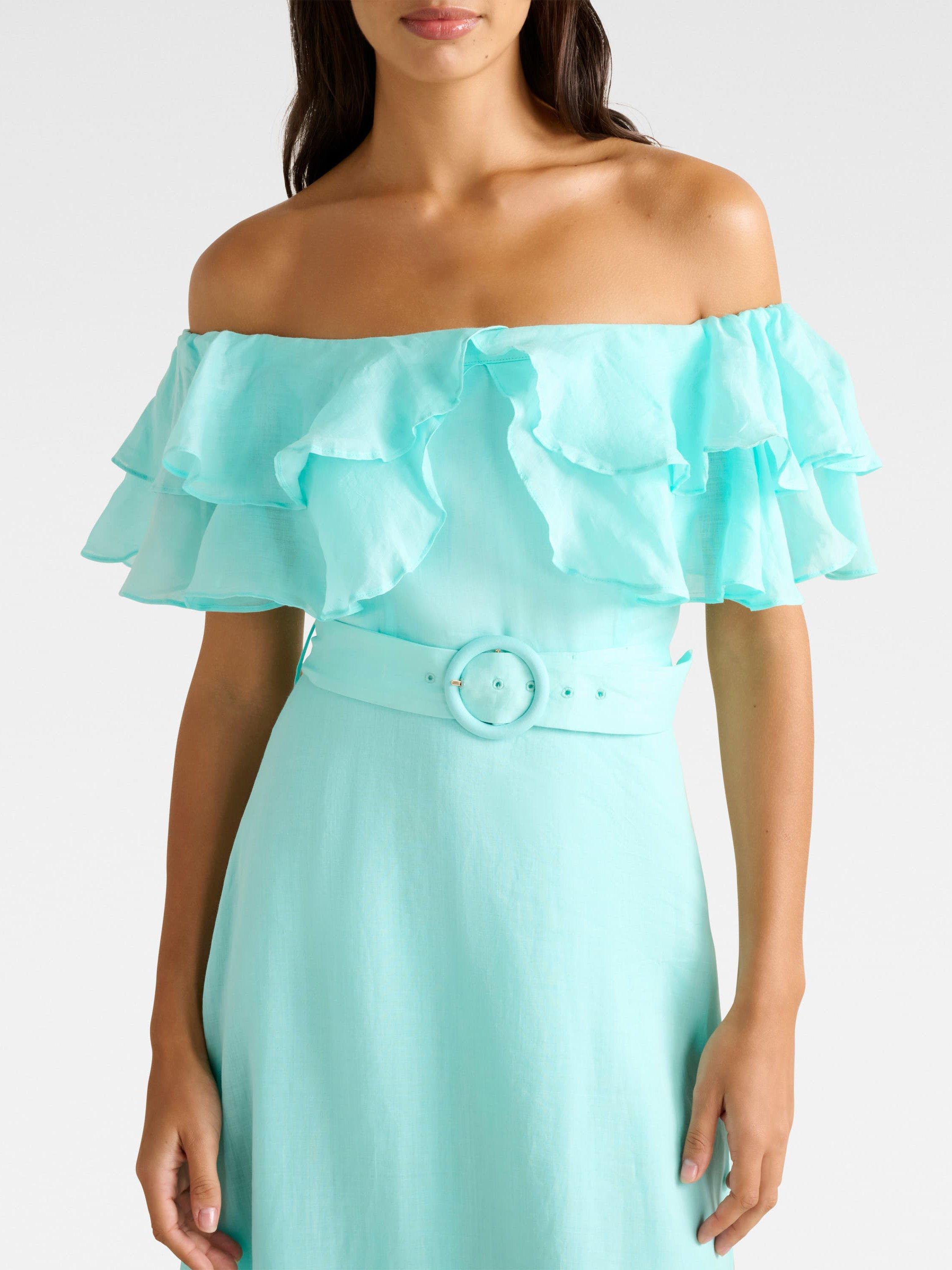 Product image 4 of 4, which shows Forever New Jemima Ruffle Midi Dress, Aqua Splash, 4