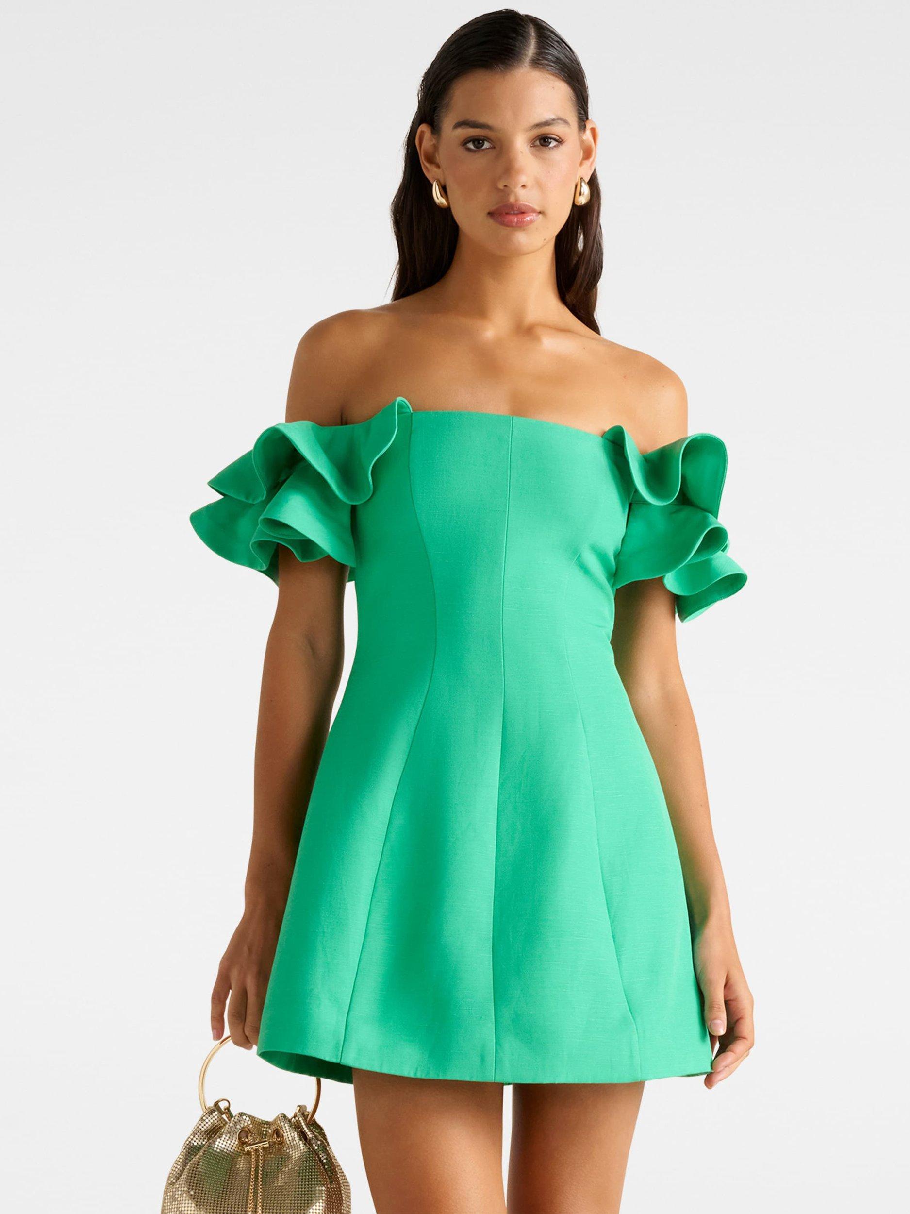 Product image 1 of 5, which shows Forever New Kenzie Off Linen Blend Shoulder Ruffle Mini Dress, Holly Green, 4