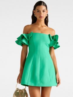 Forever New Kenzie Off Linen Blend Shoulder Ruffle Mini Dress, Holly Green, Holly Green