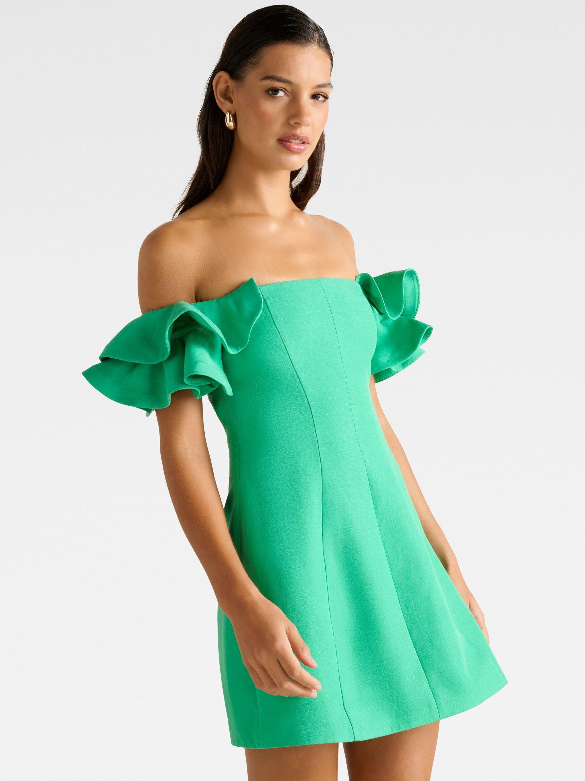 Product image 3 of 5, which shows Forever New Kenzie Off Linen Blend Shoulder Ruffle Mini Dress, Holly Green, 4