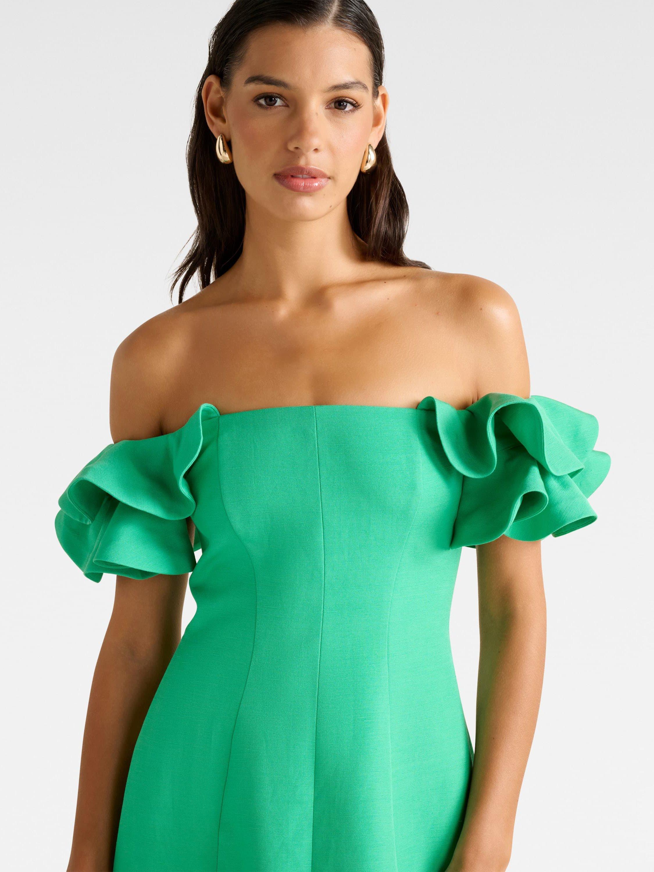 Product image 4 of 5, which shows Forever New Kenzie Off Linen Blend Shoulder Ruffle Mini Dress, Holly Green, 4