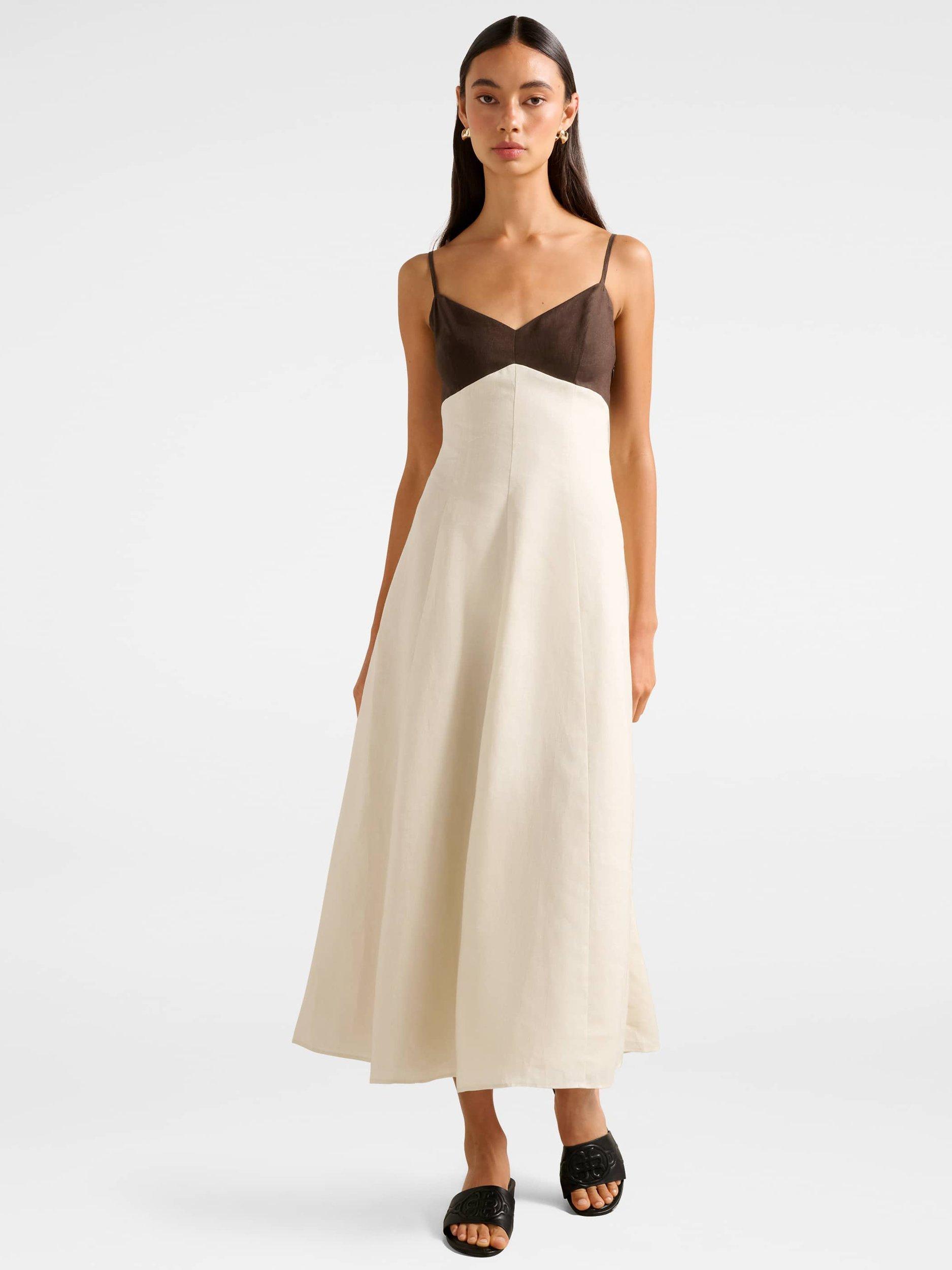 Product image 1 of 4, which shows Forever New Ada Colour Block Pure Linen Dress, Chocolate/Stone, 4