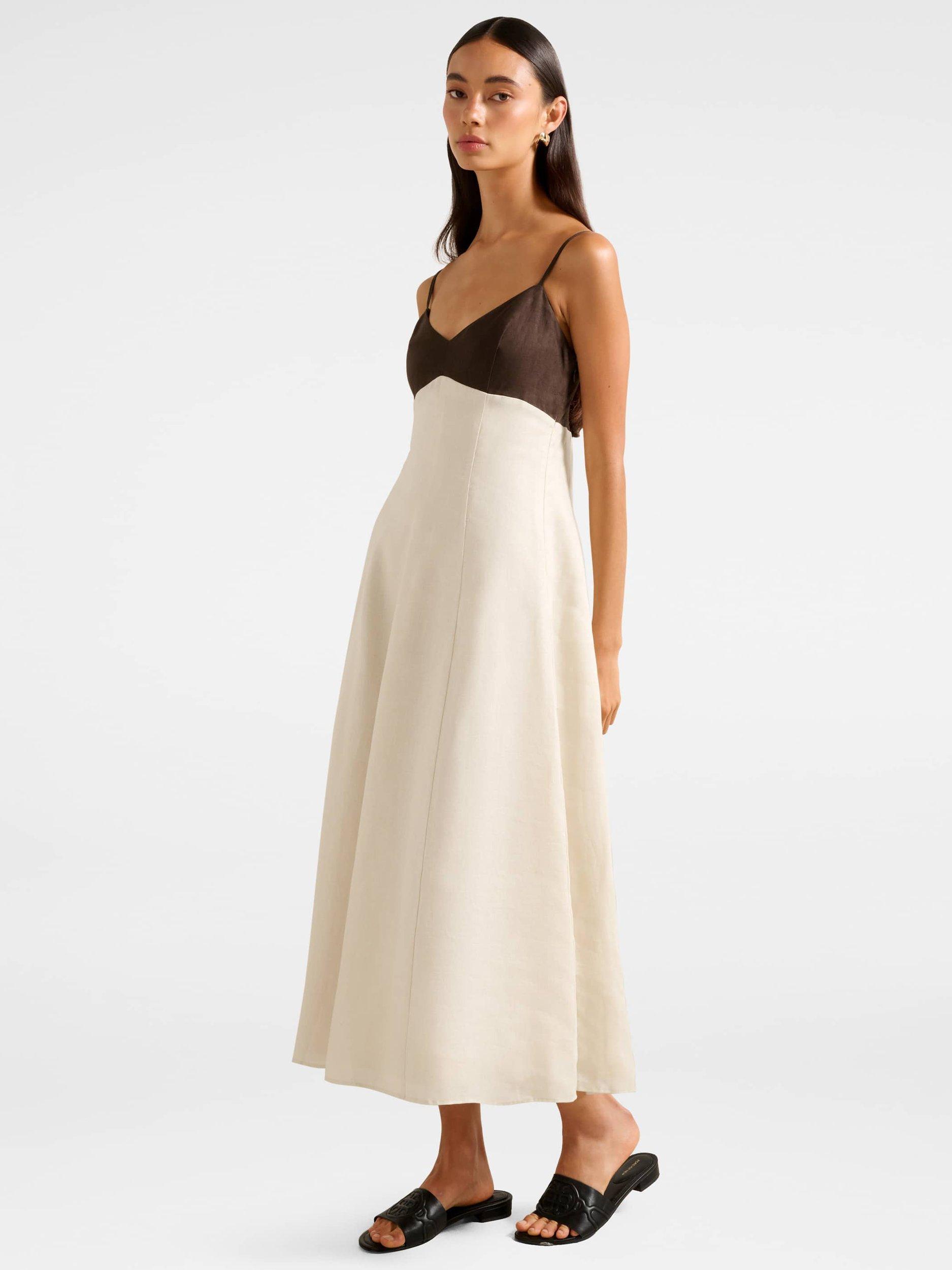 Product image 3 of 4, which shows Forever New Ada Colour Block Pure Linen Dress, Chocolate/Stone, 4