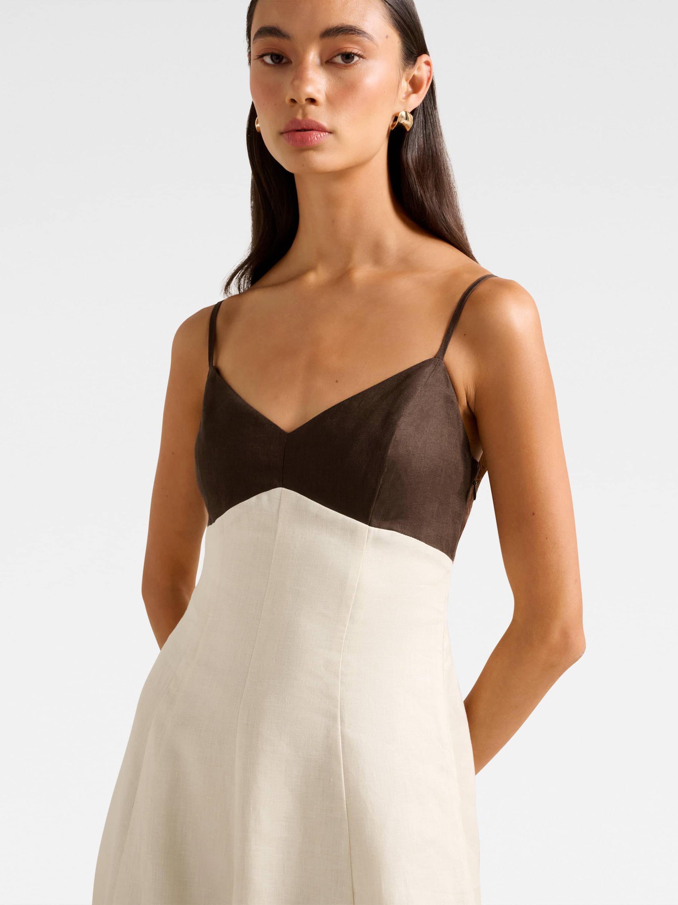 Product image 4 of 4, which shows Forever New Ada Colour Block Pure Linen Dress, Chocolate/Stone, 4