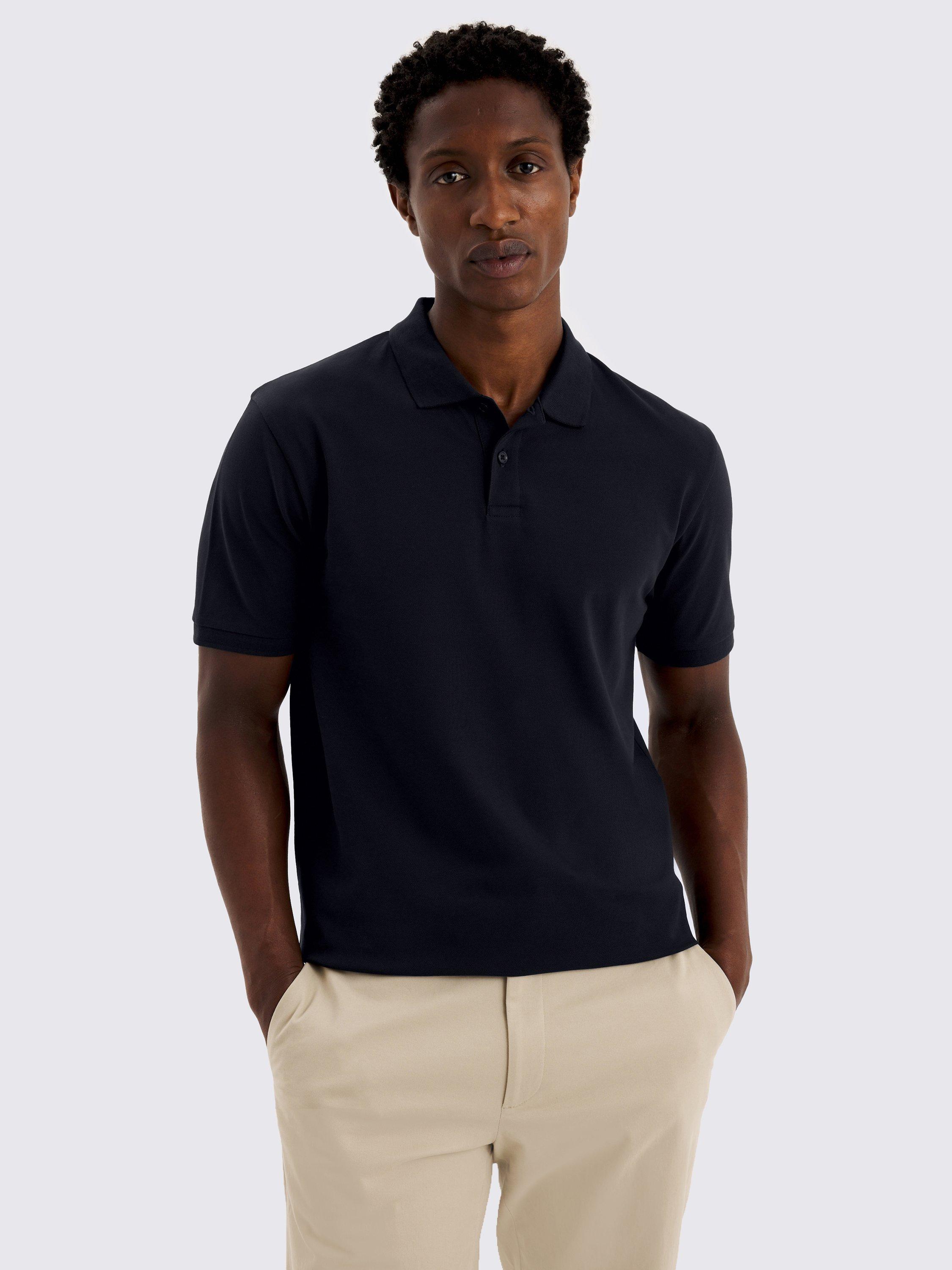Product image 1 of 4, which shows Moss Cotton Blend Regular Fit Short Sleeve Pique Polo Shirt, Navy Blue, S