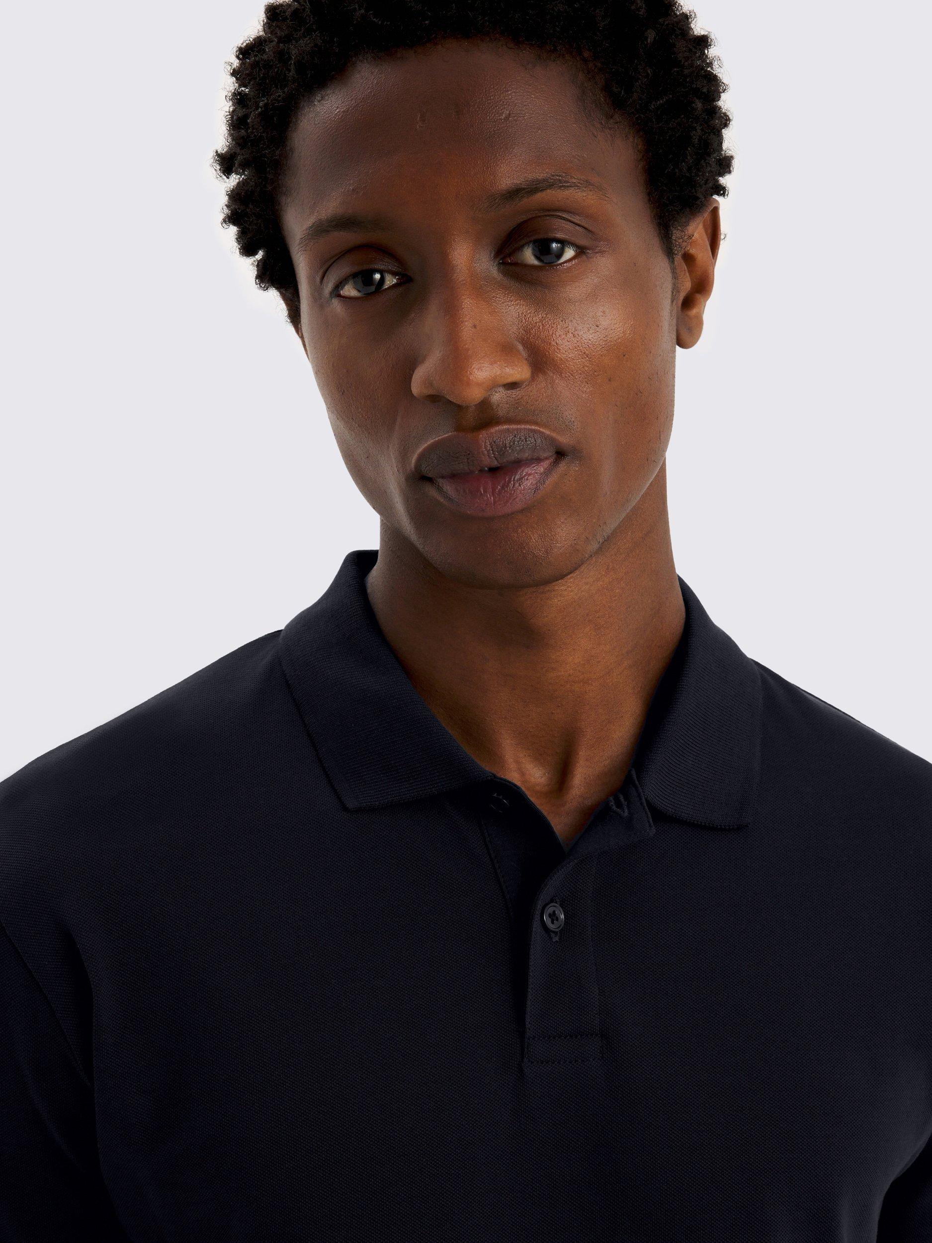 Product image 3 of 4, which shows Moss Cotton Blend Regular Fit Short Sleeve Pique Polo Shirt, Navy Blue, S