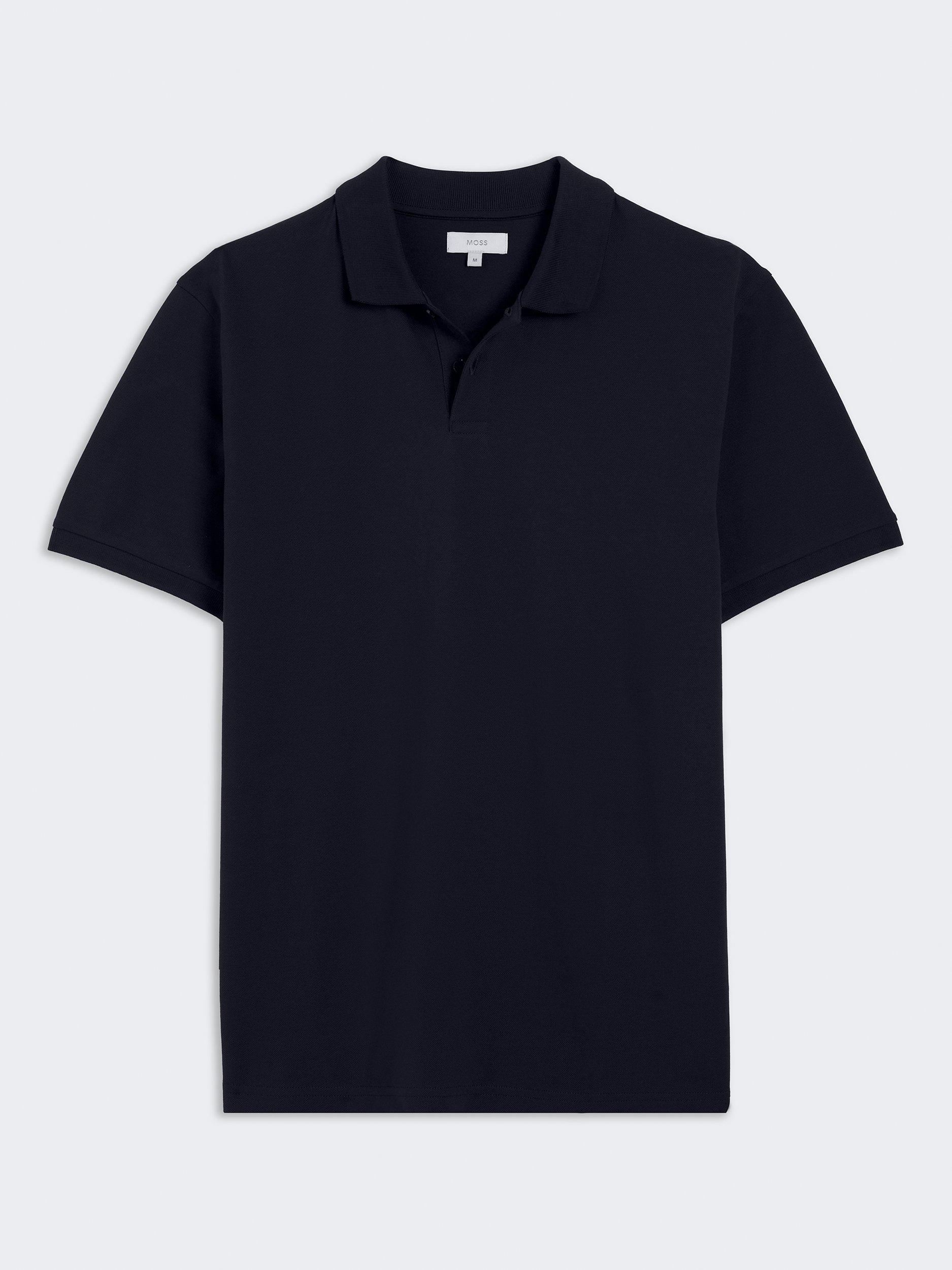 Product image 4 of 4, which shows Moss Cotton Blend Regular Fit Short Sleeve Pique Polo Shirt, Navy Blue, S