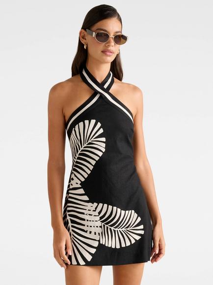Forever New Adore Halter Neck Linen Mini Dress, Paros Palm, Paros Palm
