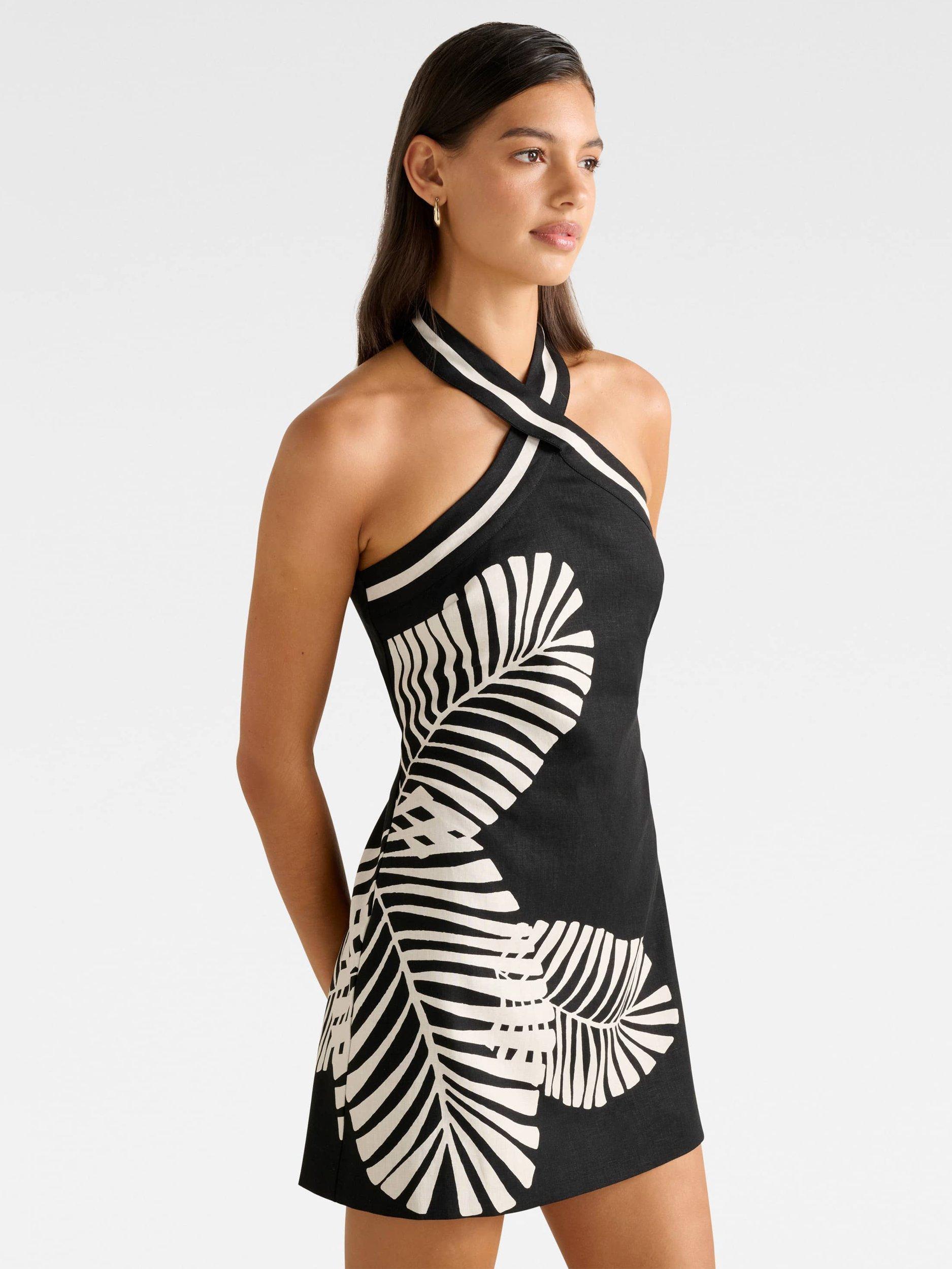 Product image 3 of 5, which shows Forever New Adore Halter Neck Linen Mini Dress, Paros Palm, 4