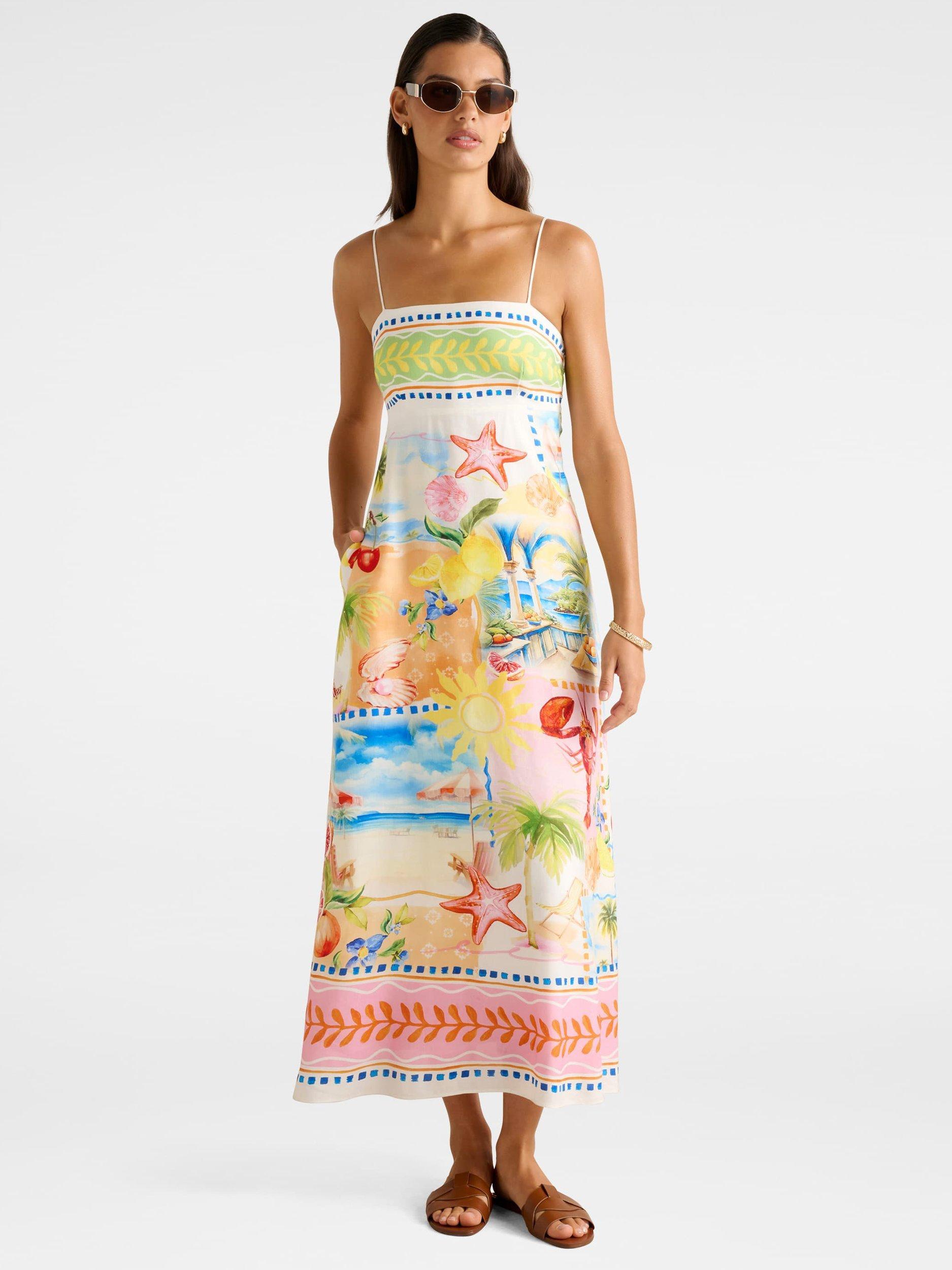 Product image 1 of 5, which shows Forever New Amari Beach Print Linen Blend Midi Dress, Multi, 4