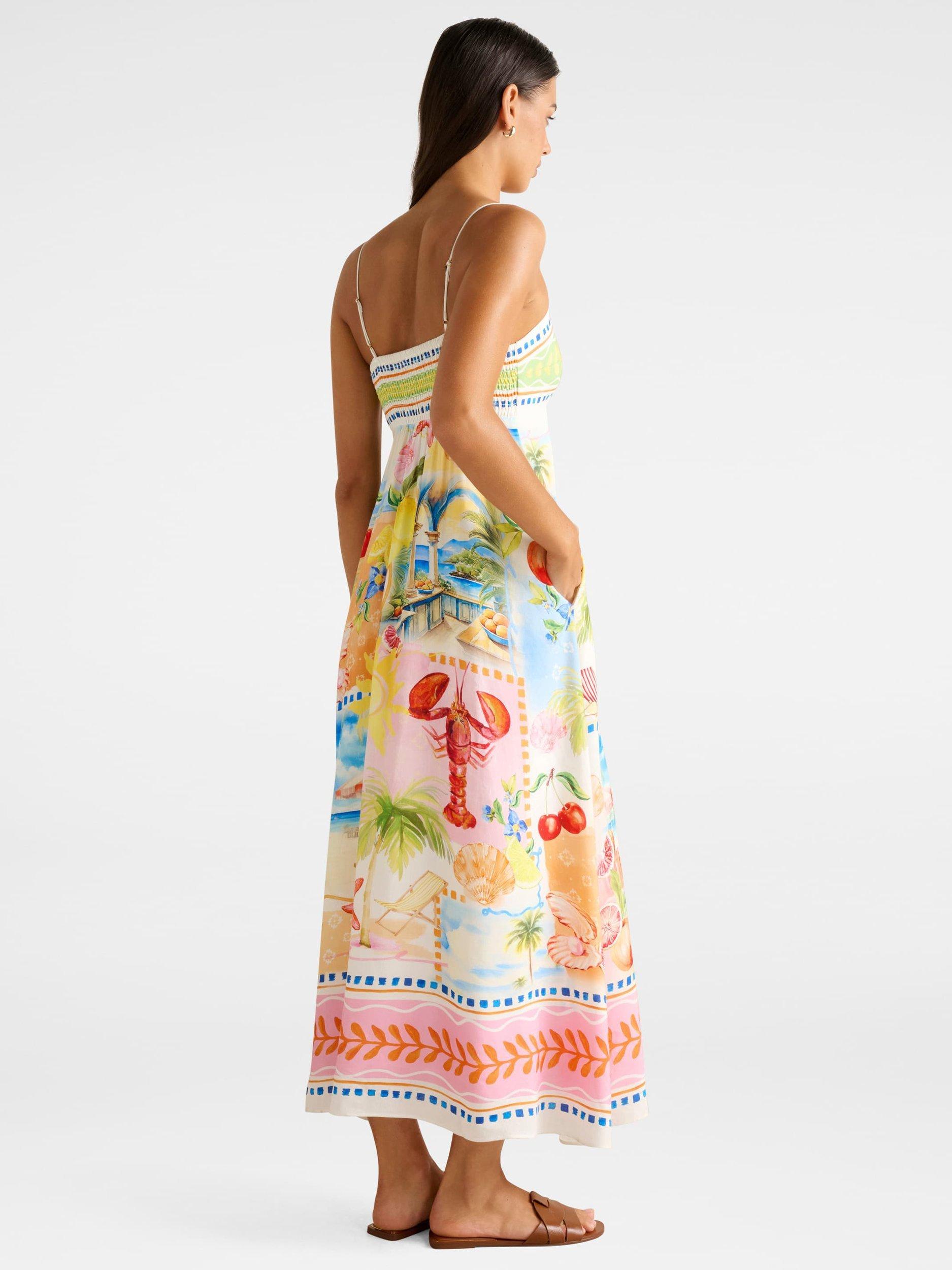 Product image 2 of 5, which shows Forever New Amari Beach Print Linen Blend Midi Dress, Multi, 4